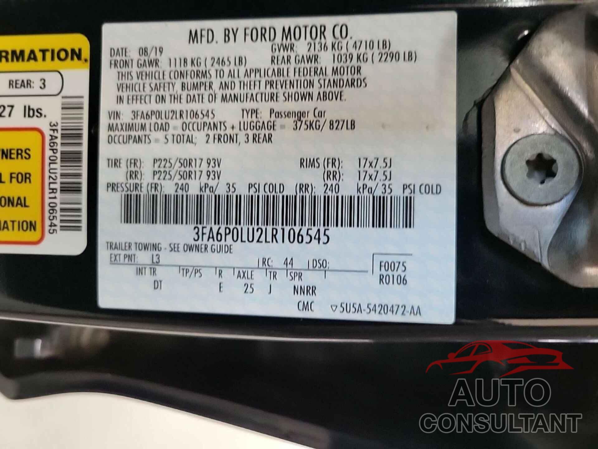 FORD FUSION 2020 - 3FA6P0LU2LR106545