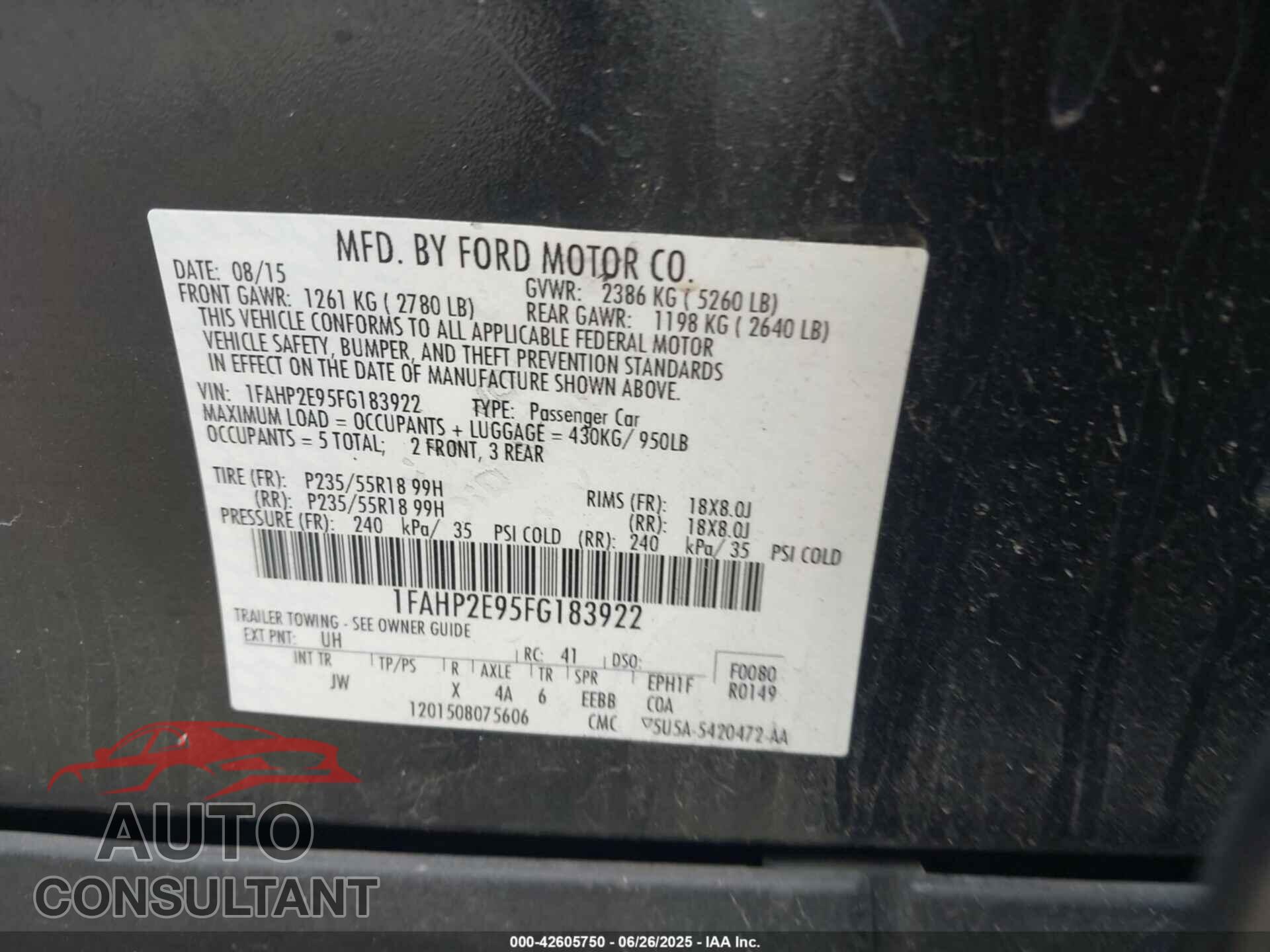 FORD TAURUS 2015 - 1FAHP2E95FG183922