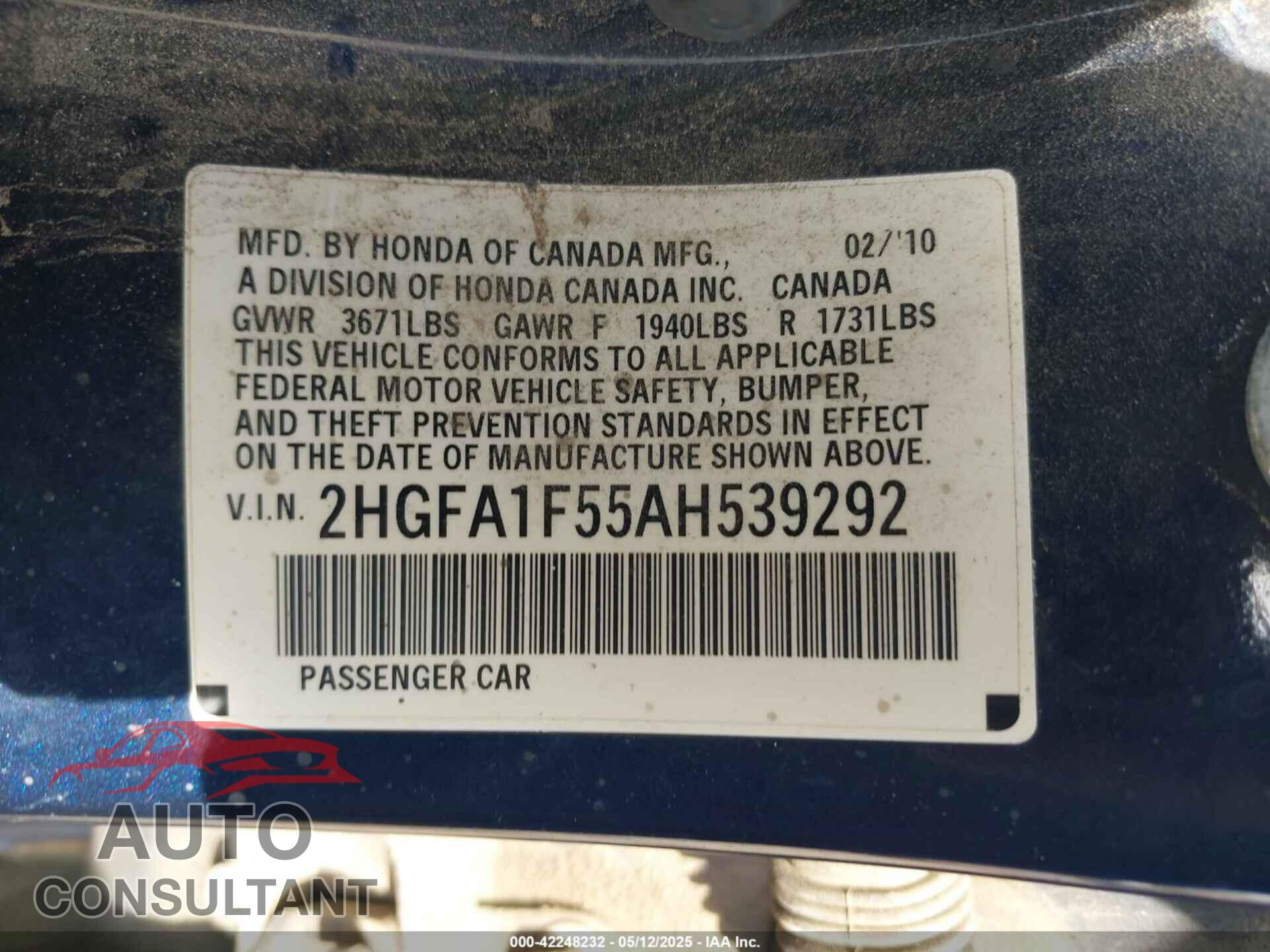 HONDA CIVIC 2010 - 2HGFA1F55AH539292