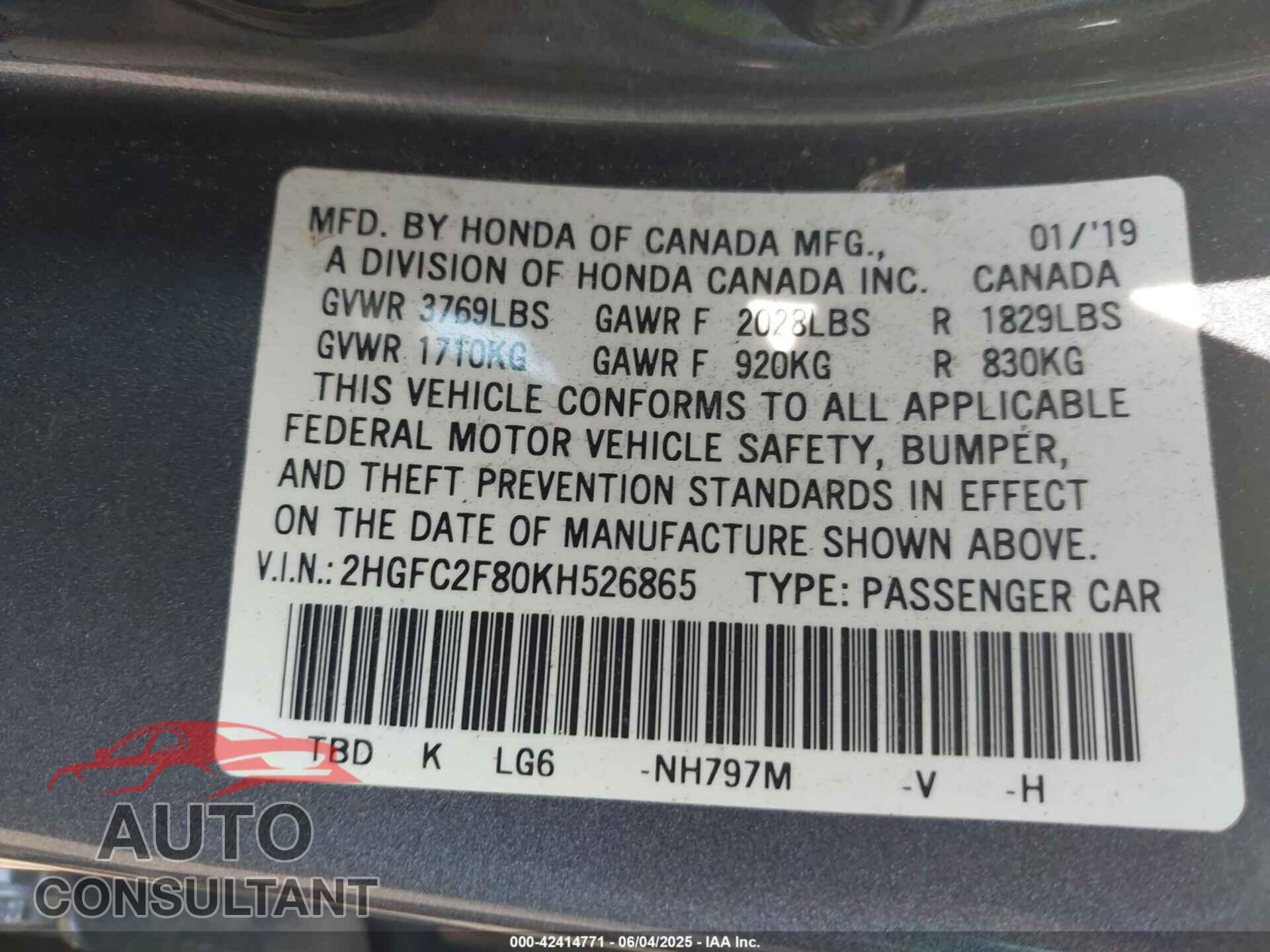 HONDA CIVIC 2019 - 2HGFC2F80KH526865