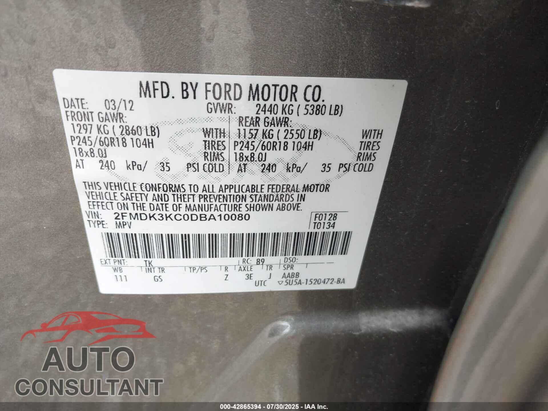 FORD EDGE 2013 - 2FMDK3KC0DBA10080