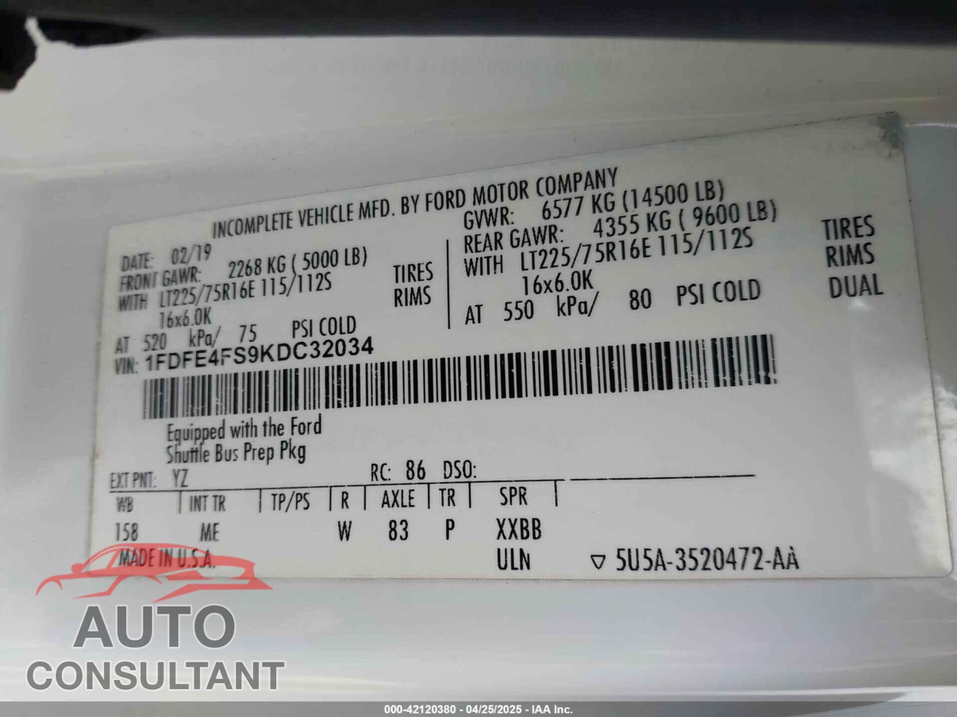 FORD E-450 CUTAWAY 2019 - 1FDFE4FS9KDC32034