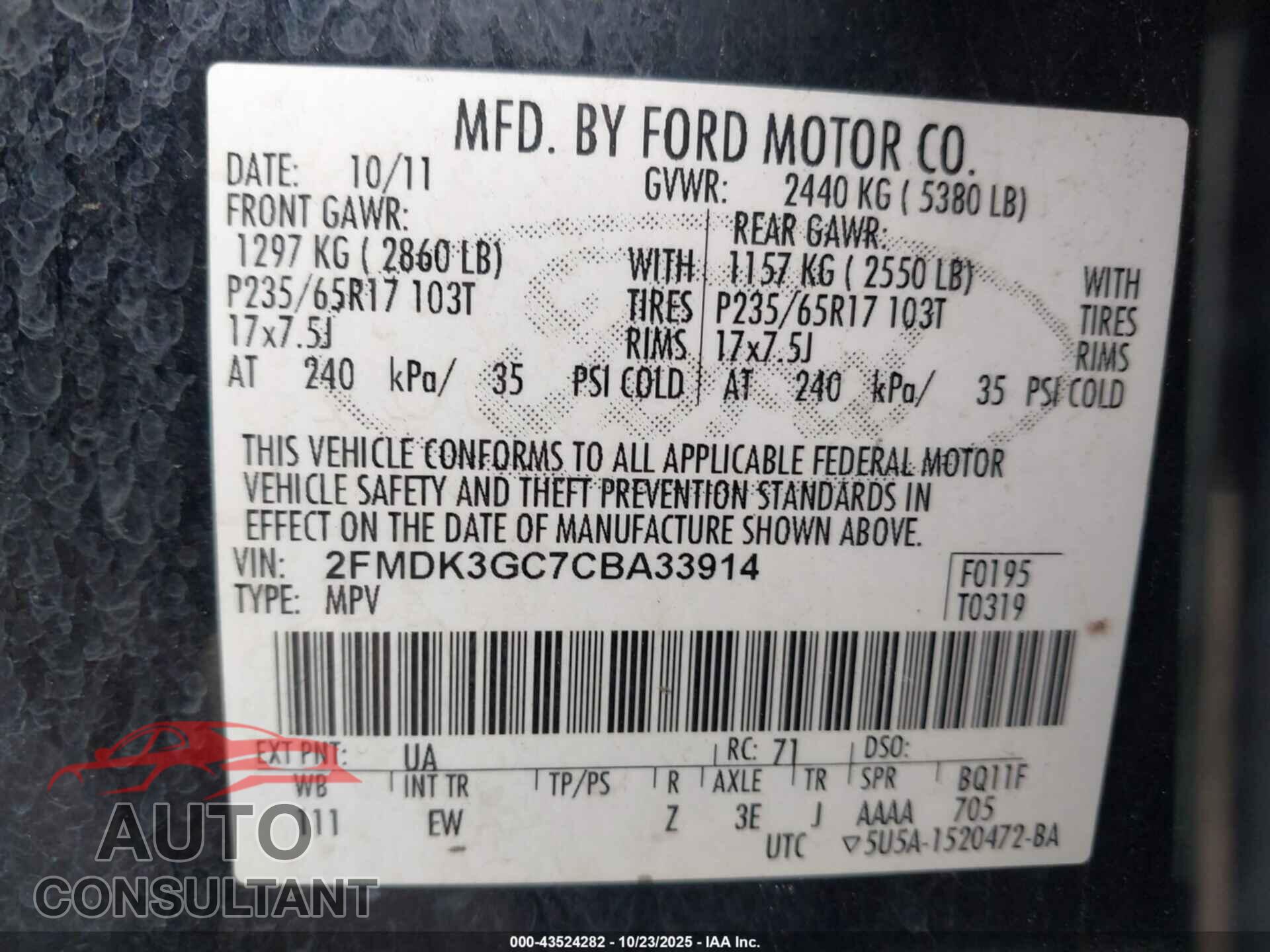 FORD EDGE 2012 - 2FMDK3GC7CBA33914