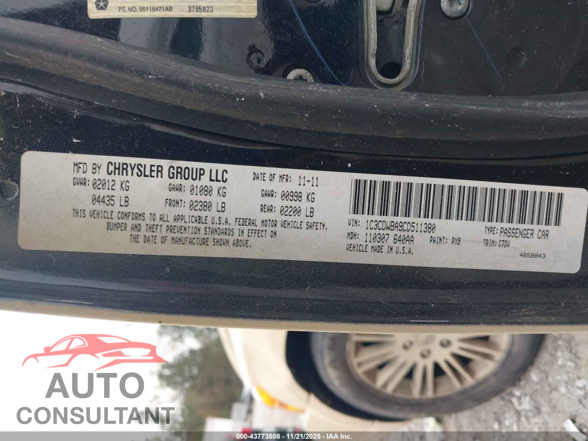 DODGE CALIBER 2012 - 1C3CDWBA9CD511380