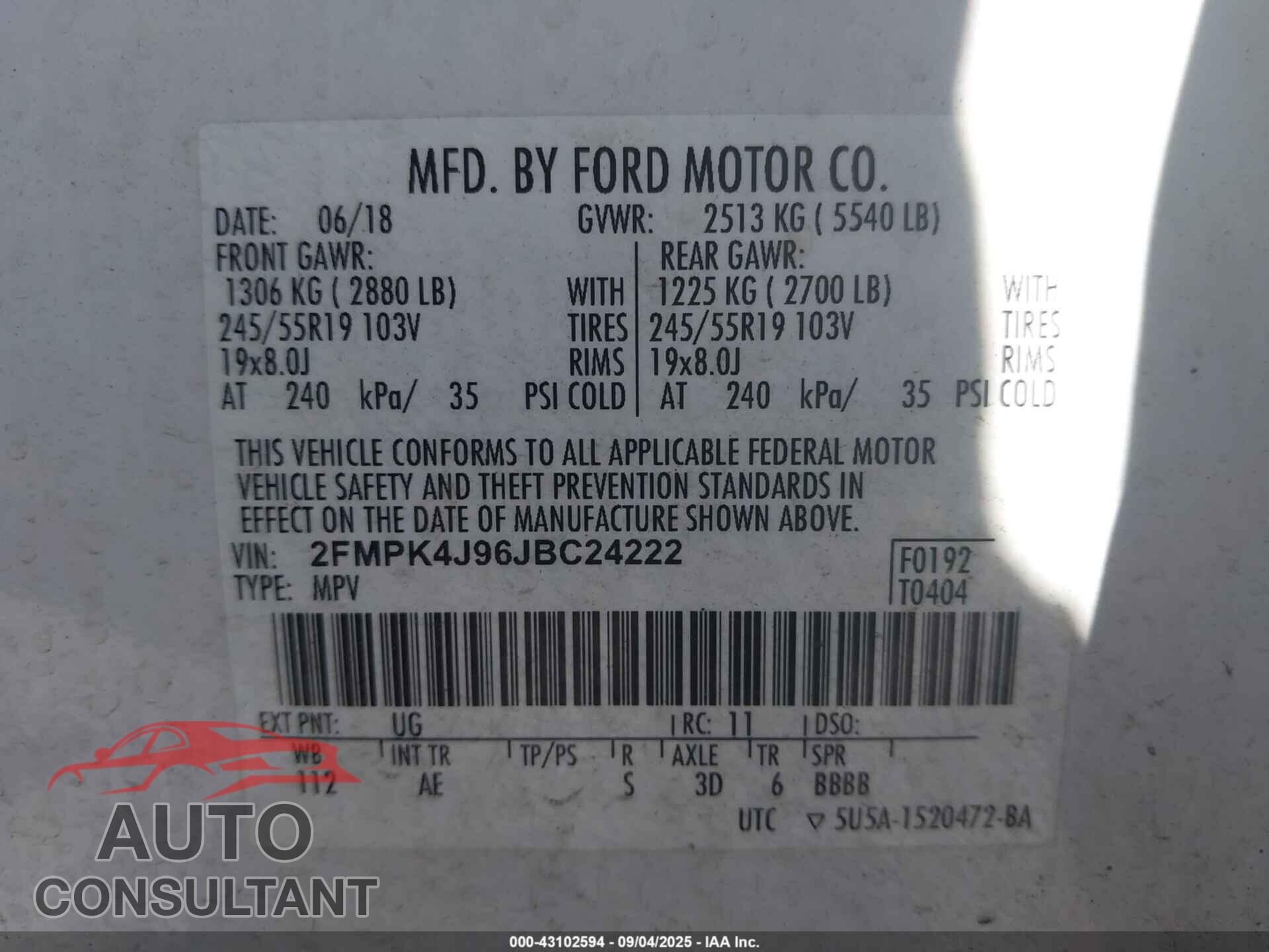FORD EDGE 2018 - 2FMPK4J96JBC24222
