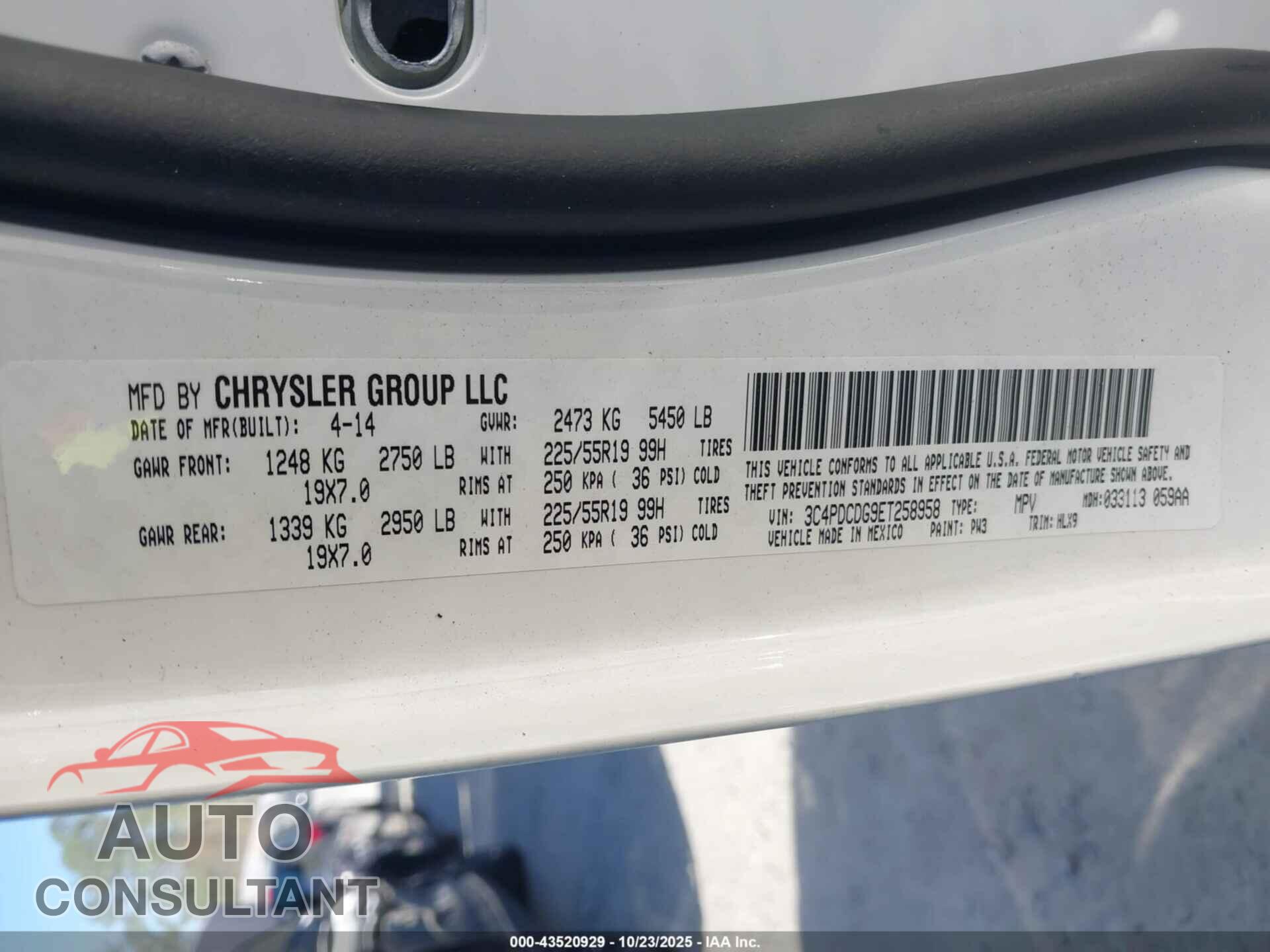 DODGE JOURNEY 2014 - 3C4PDCDG9ET258958