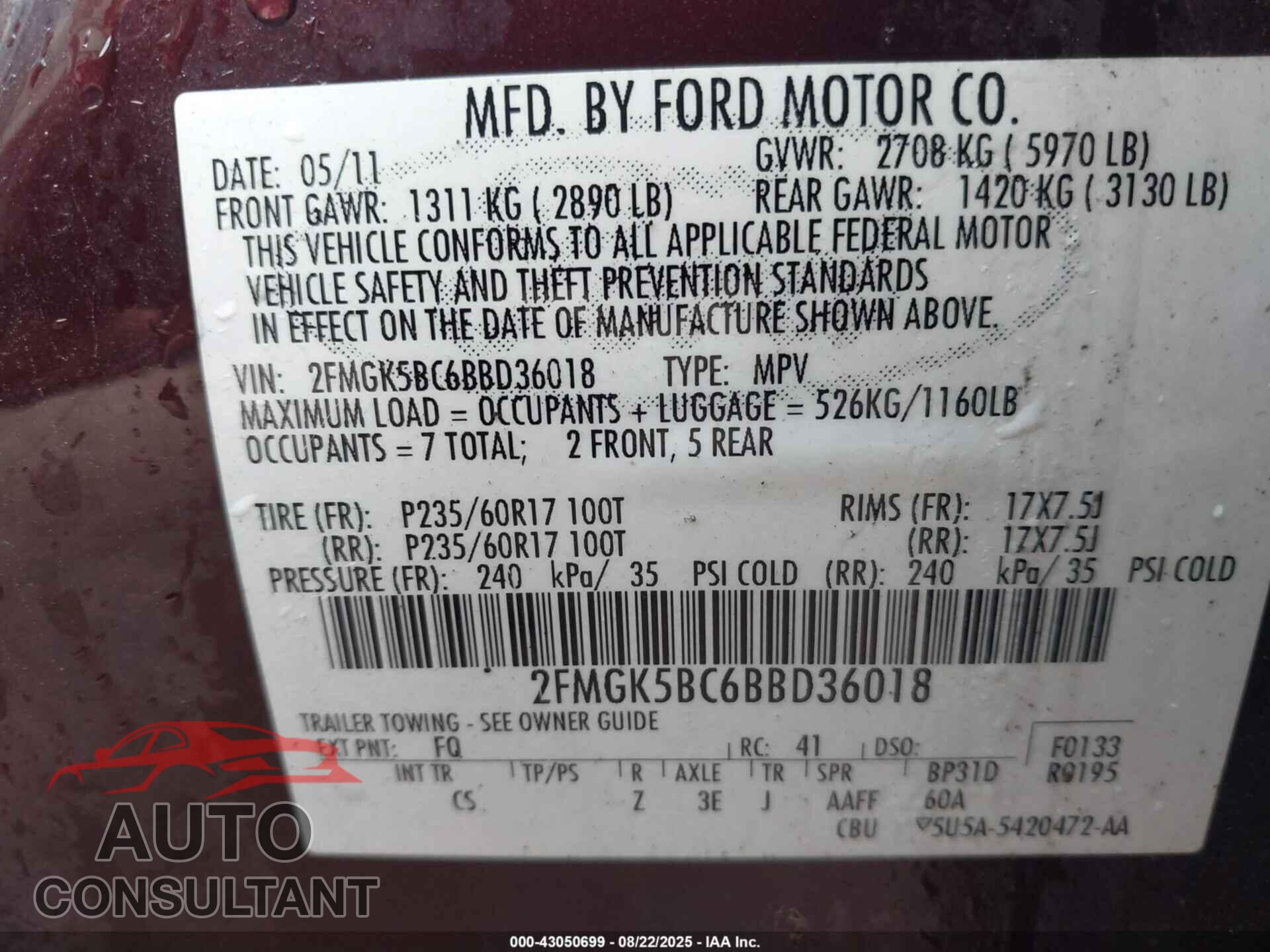 FORD FLEX 2011 - 2FMGK5BC6BBD36018