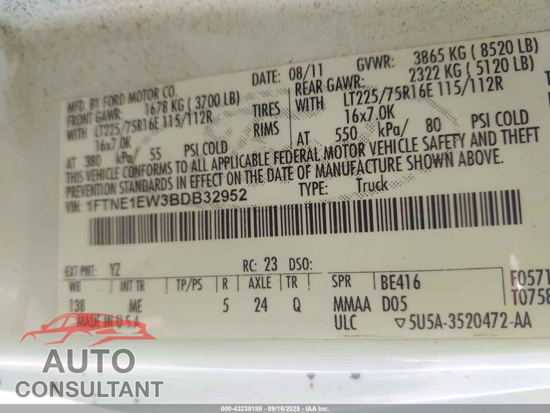 FORD E-150 2011 - 1FTNE1EW3BDB32952