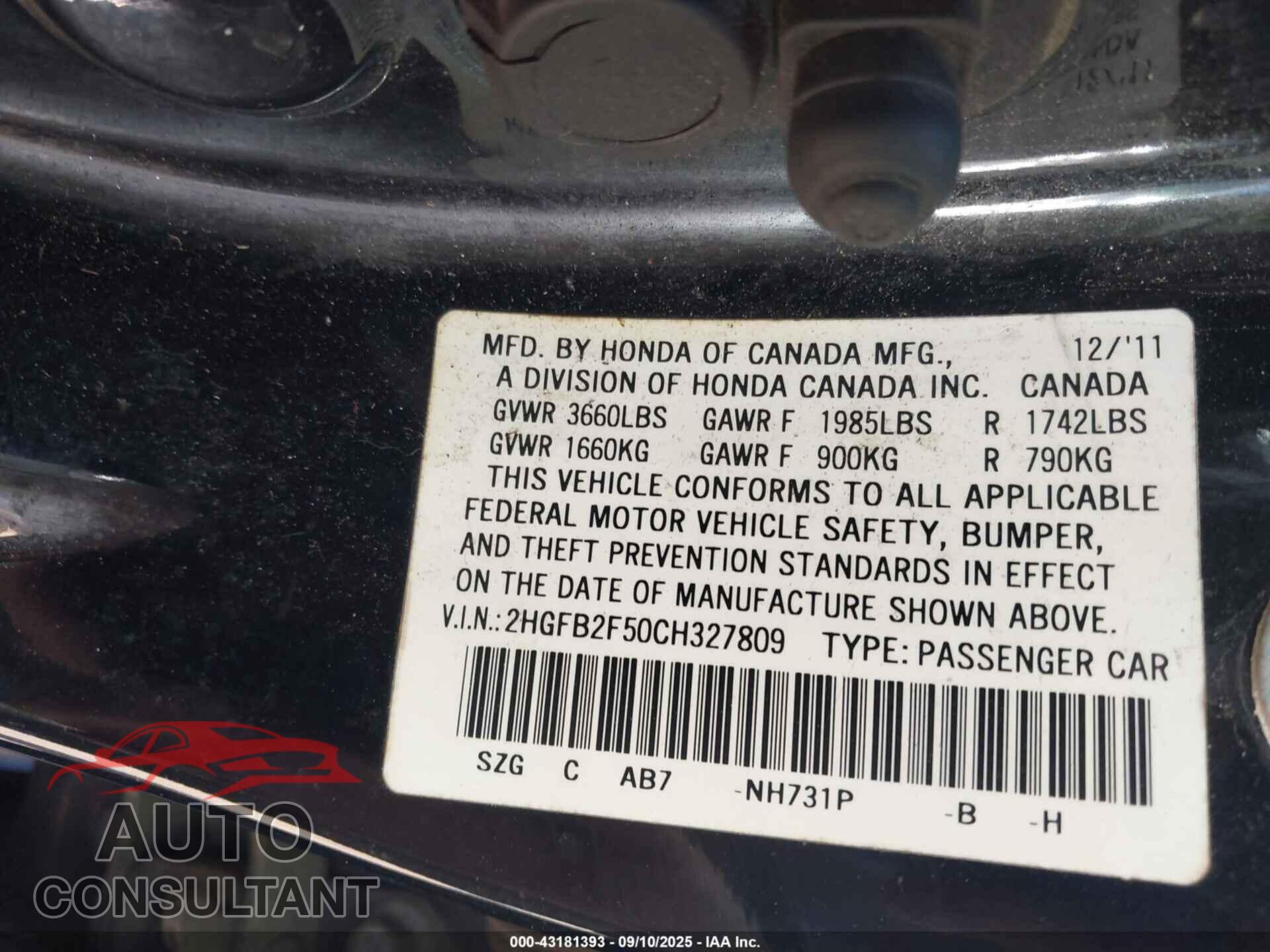 HONDA CIVIC 2012 - 2HGFB2F50CH327809