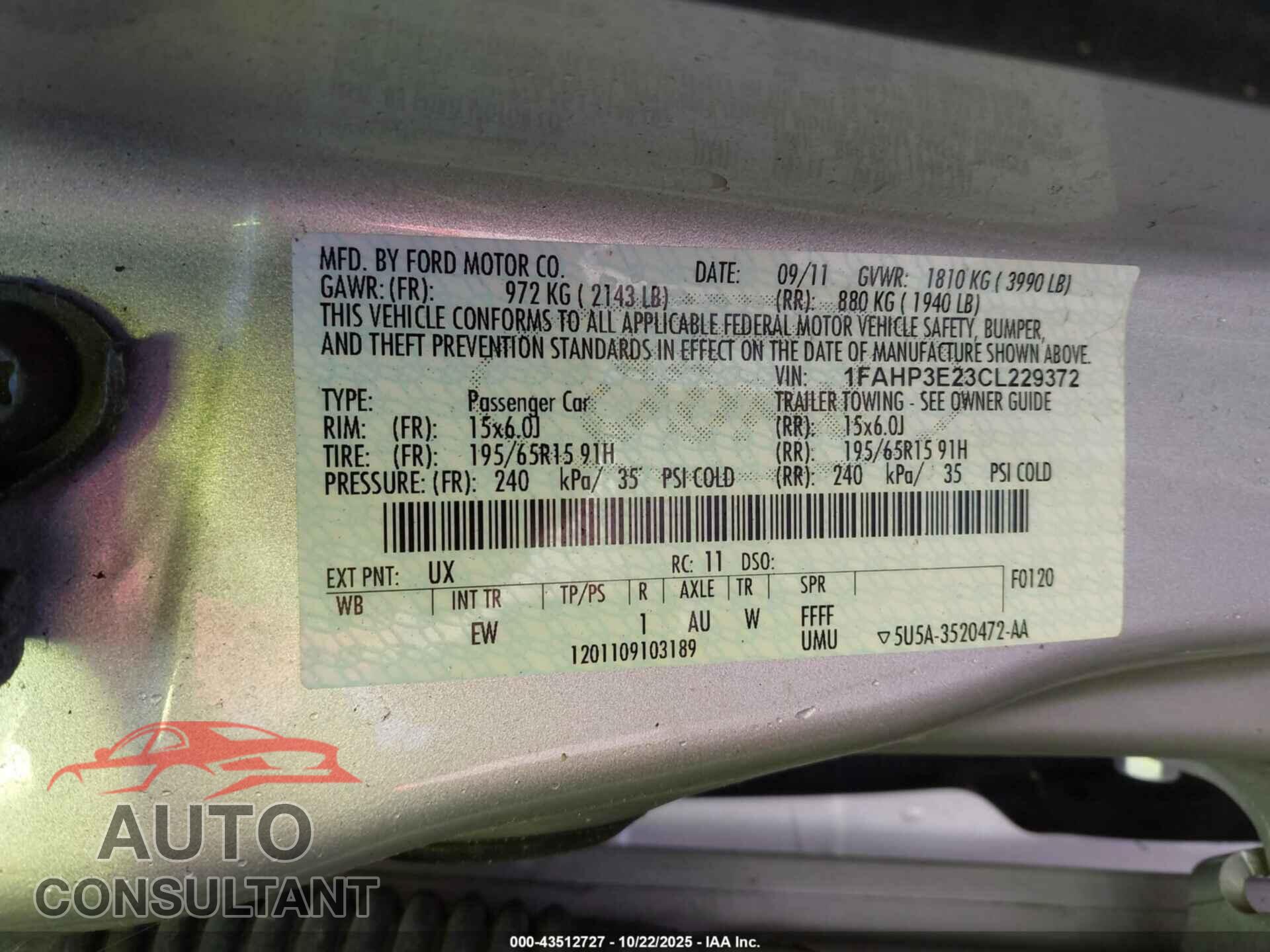 FORD FOCUS 2012 - 1FAHP3E23CL229372