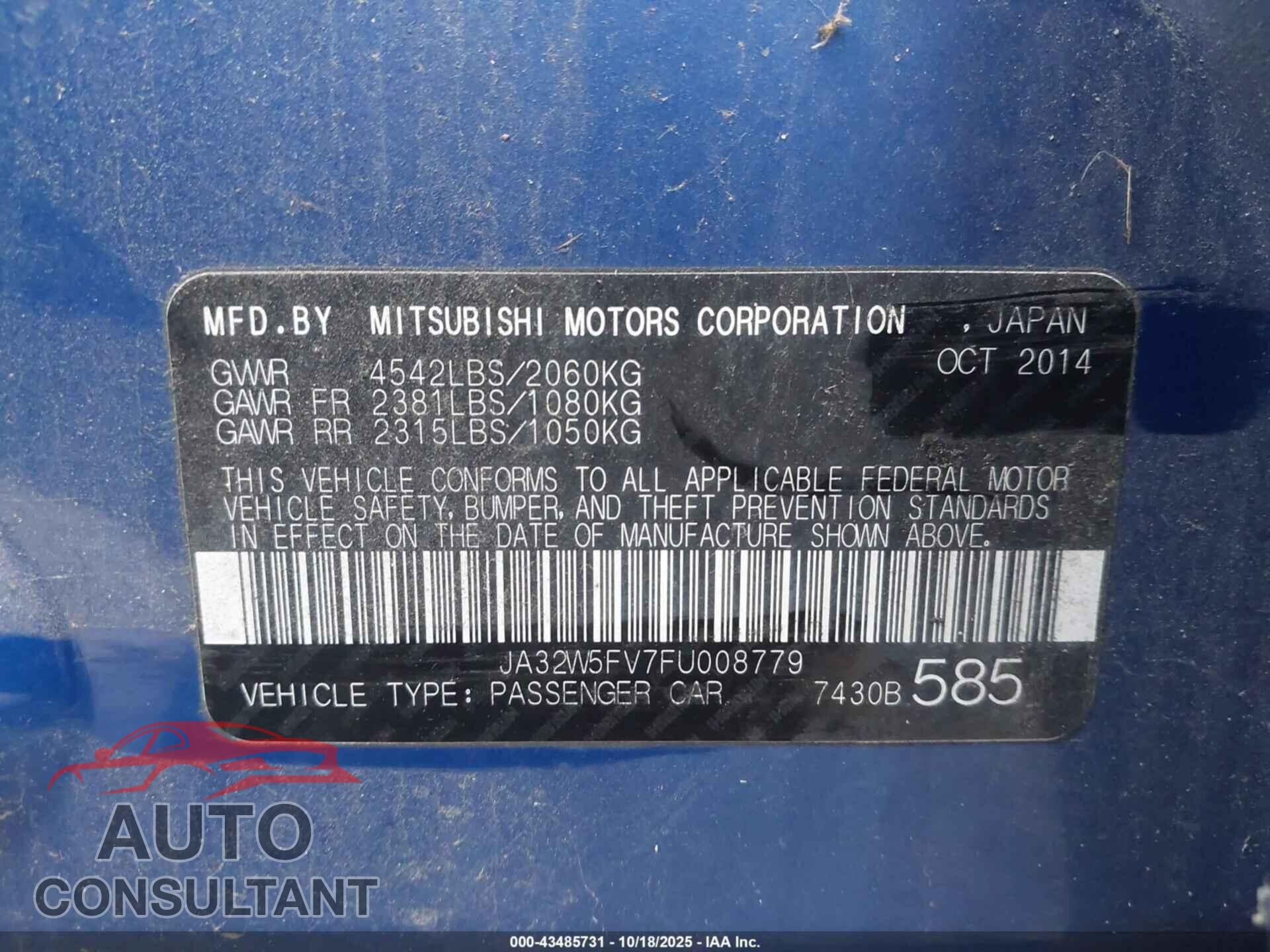 MITSUBISHI LANCER EVOLUTION 2015 - JA32W5FV7FU008779