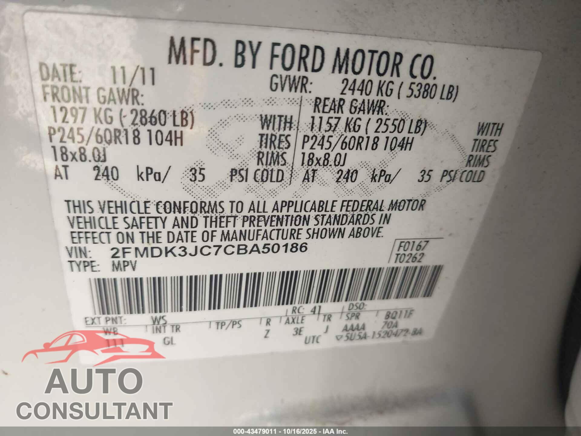 FORD EDGE 2012 - 2FMDK3JC7CBA50186