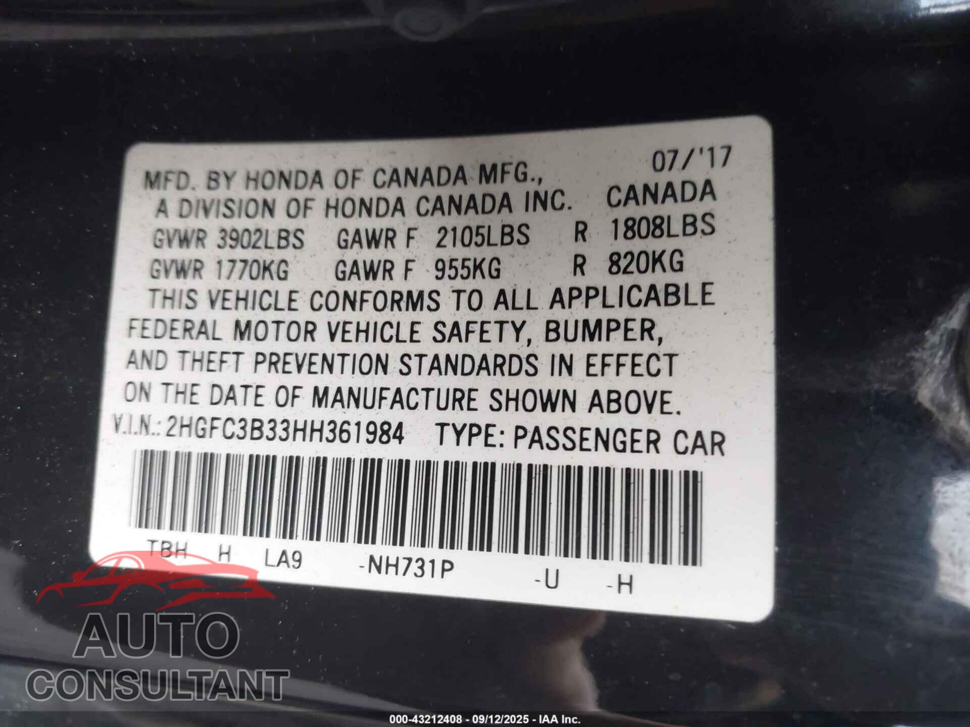 HONDA CIVIC 2017 - 2HGFC3B33HH361984