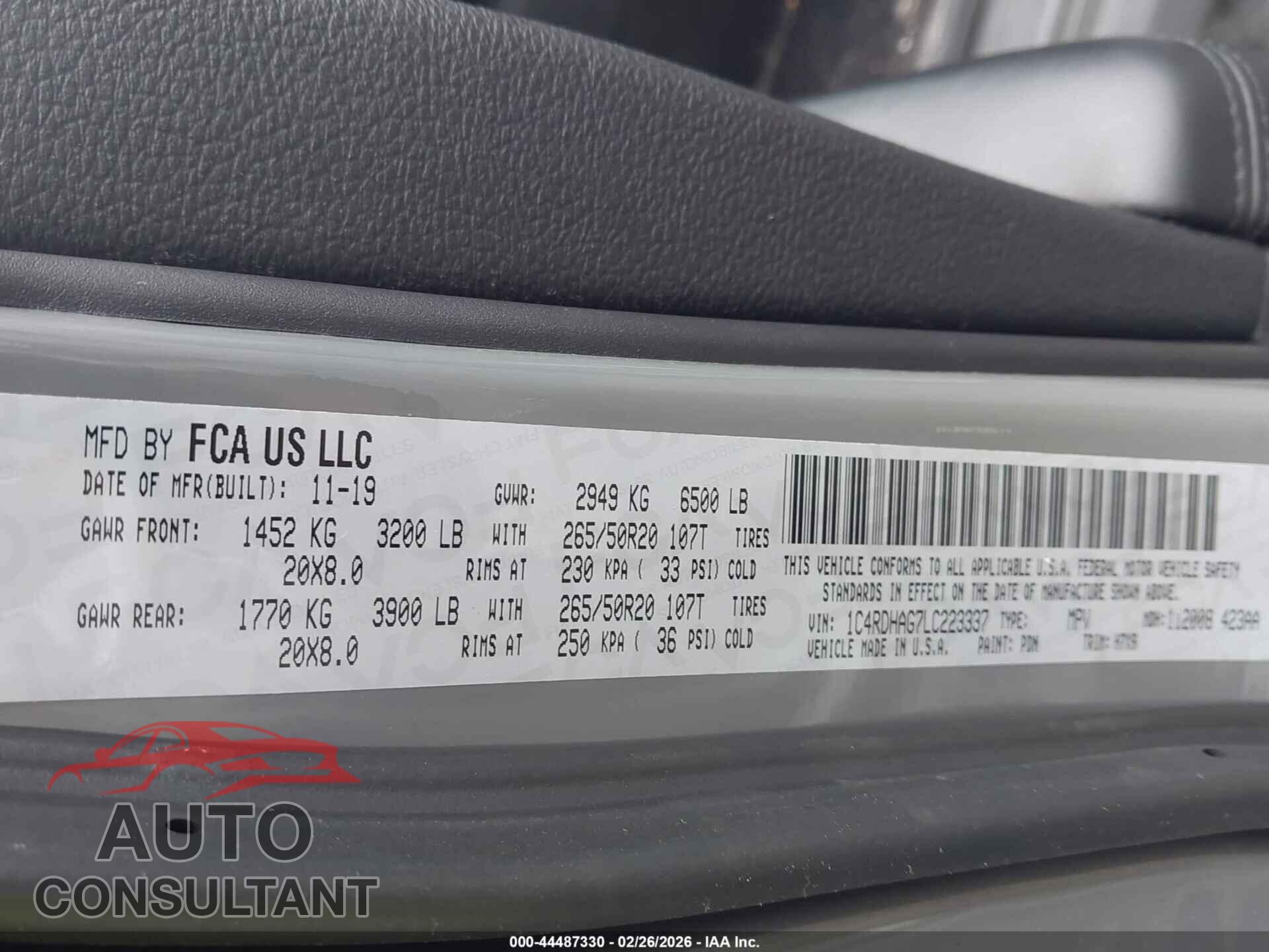 DODGE DURANGO 2020 - 1C4RDHAG7LC223337