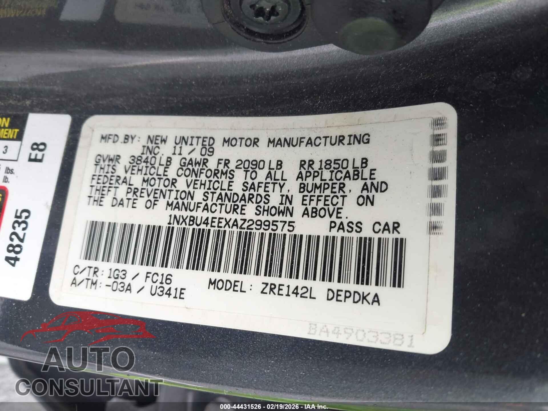 TOYOTA COROLLA 2010 - 1NXBU4EEXAZ299575