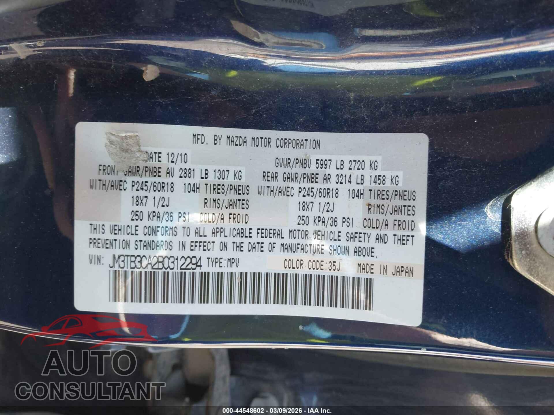 MAZDA CX-9 2011 - JM3TB3CA2B0312294