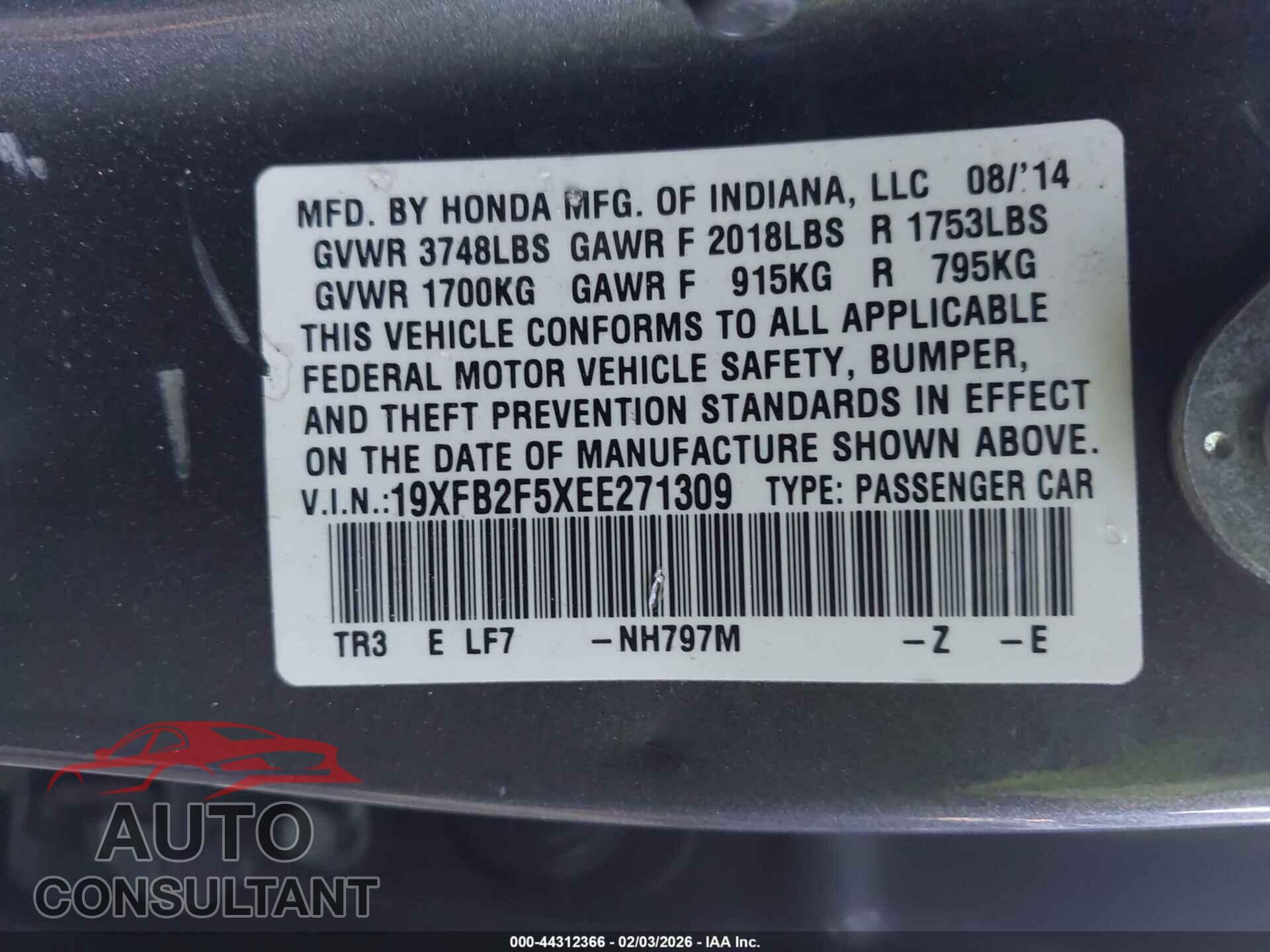 HONDA CIVIC 2014 - 19XFB2F5XEE271309