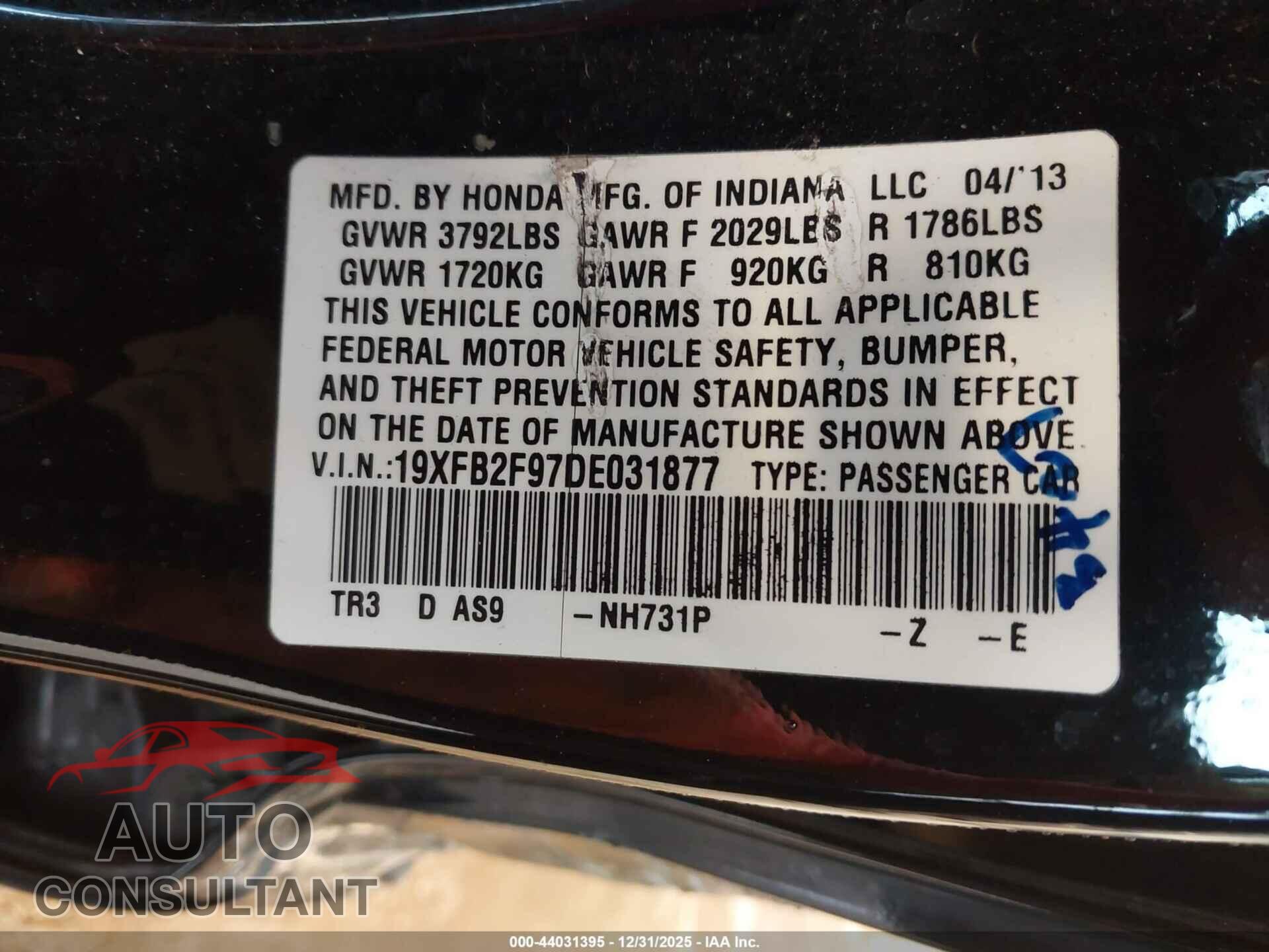 HONDA CIVIC 2013 - 19XFB2F97DE031877