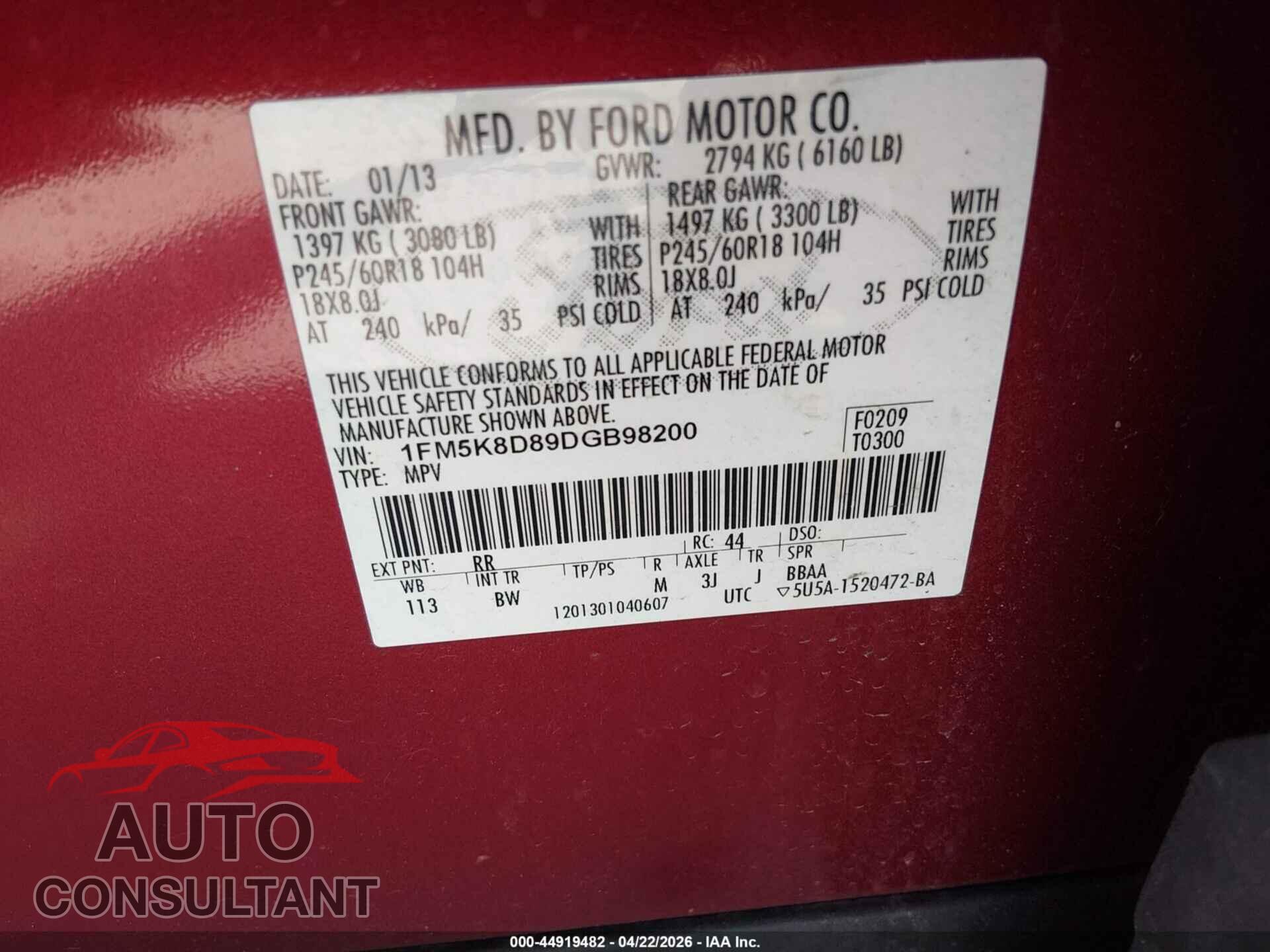 FORD EXPLORER 2013 - 1FM5K8D89DGB98200