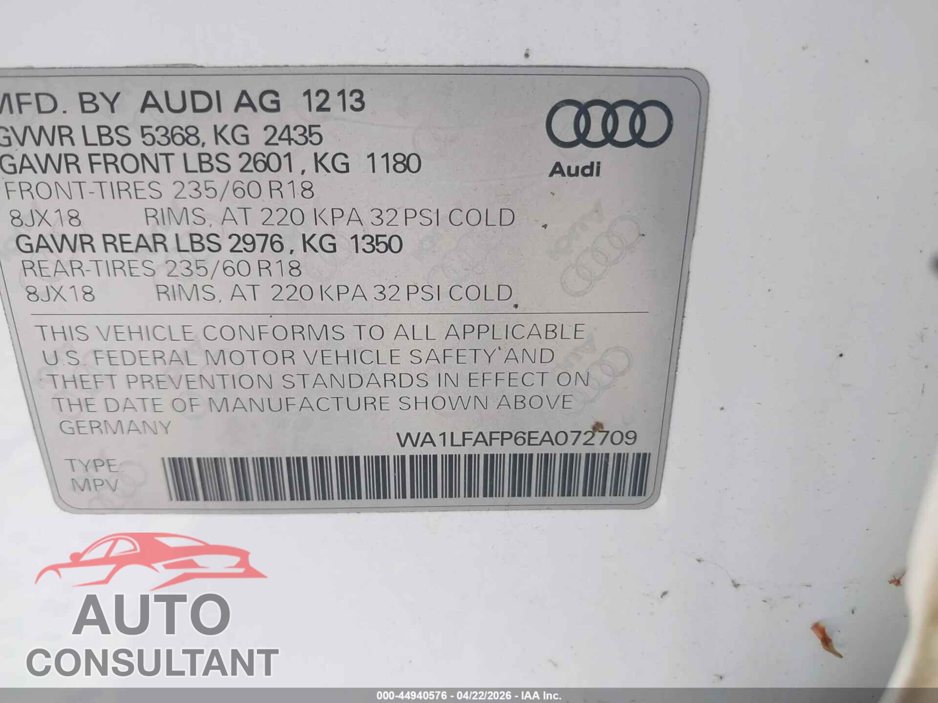 AUDI Q5 2014 - WA1LFAFP6EA072709