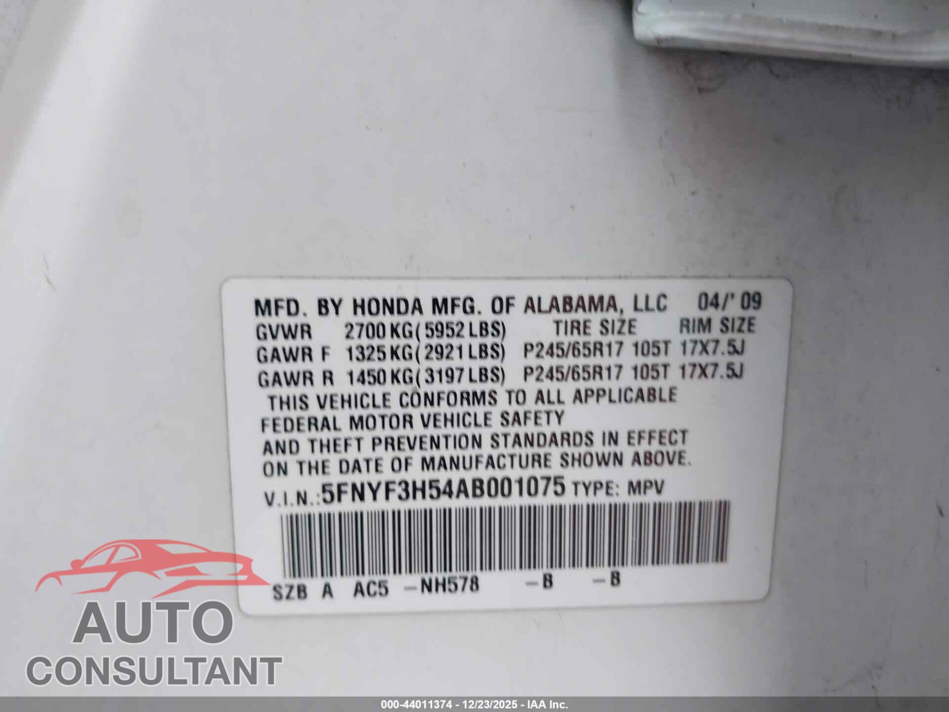HONDA PILOT 2010 - 5FNYF3H54AB001075