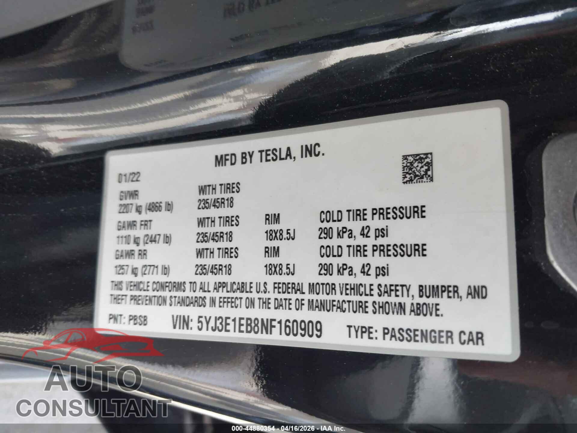 TESLA MODEL 3 2022 - 5YJ3E1EB8NF160909