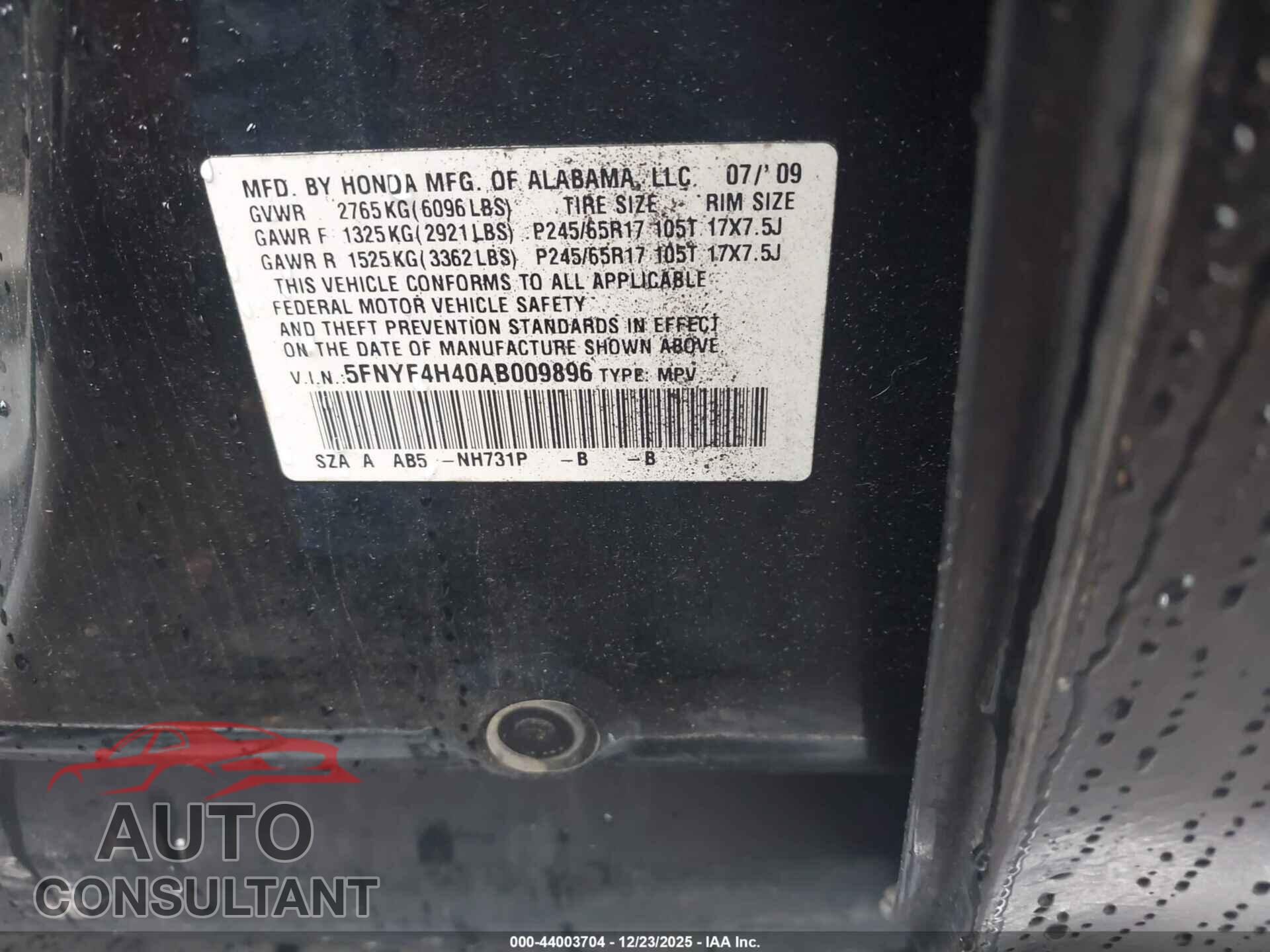 HONDA PILOT 2010 - 5FNYF4H40AB009896