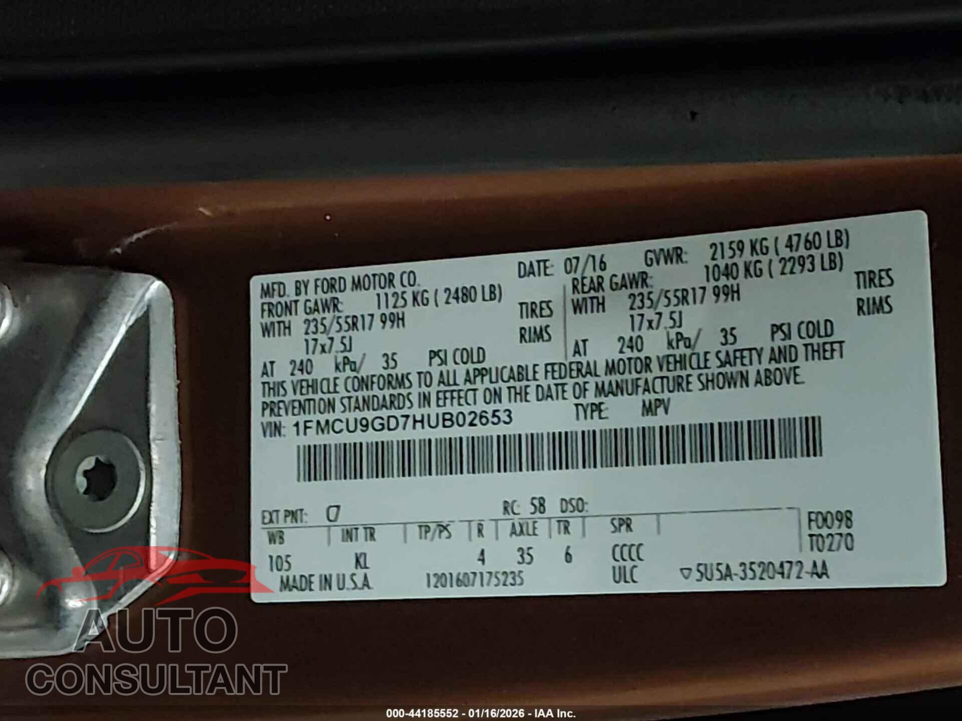 FORD ESCAPE 2017 - 1FMCU9GD7HUB02653