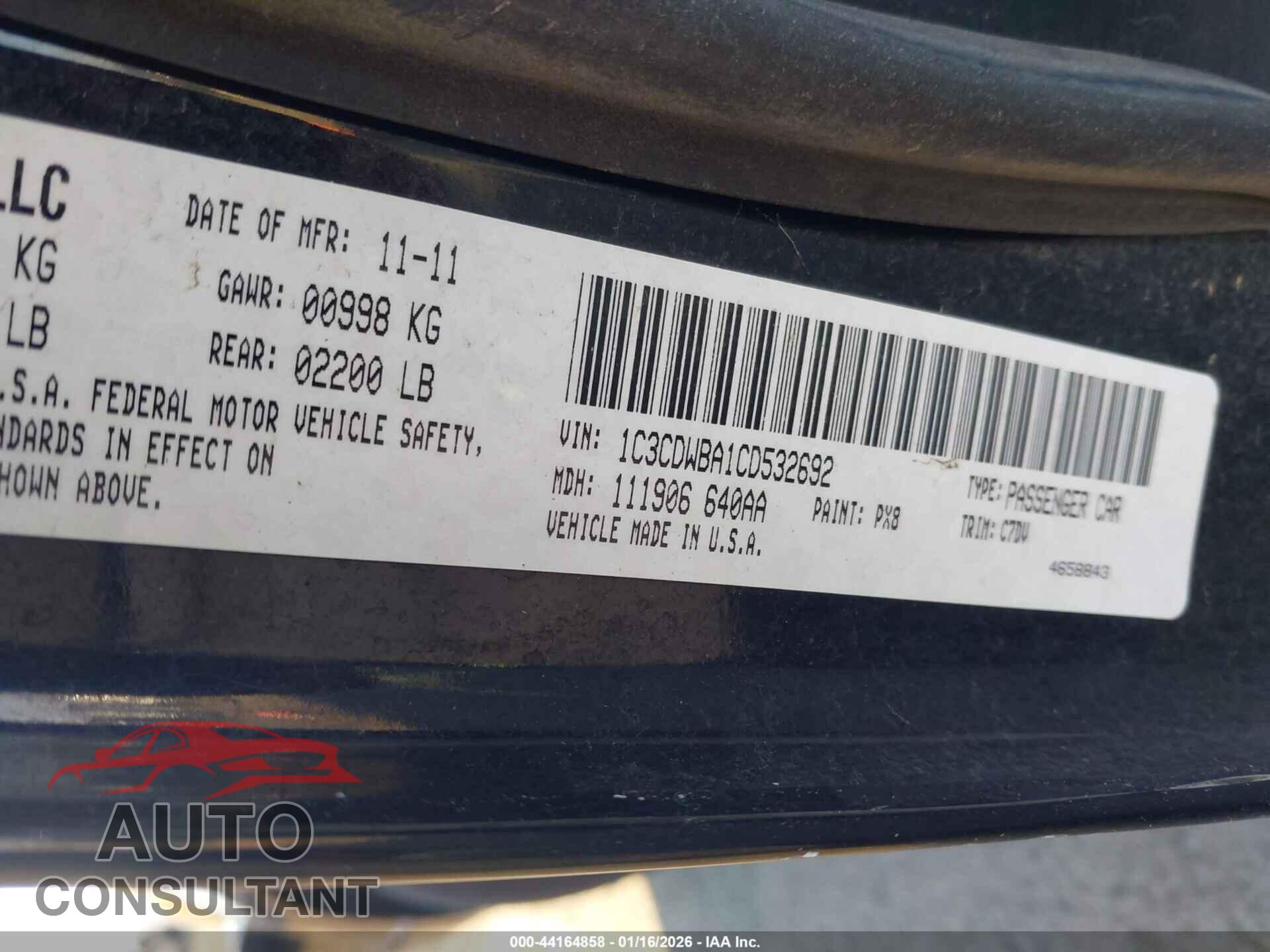 DODGE CALIBER 2012 - 1C3CDWBA1CD532692