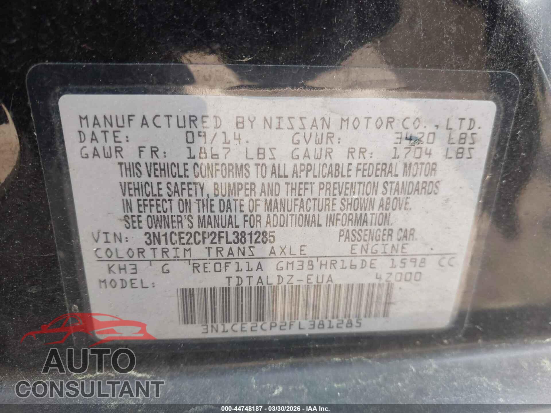 NISSAN VERSA NOTE 2015 - 3N1CE2CP2FL381285