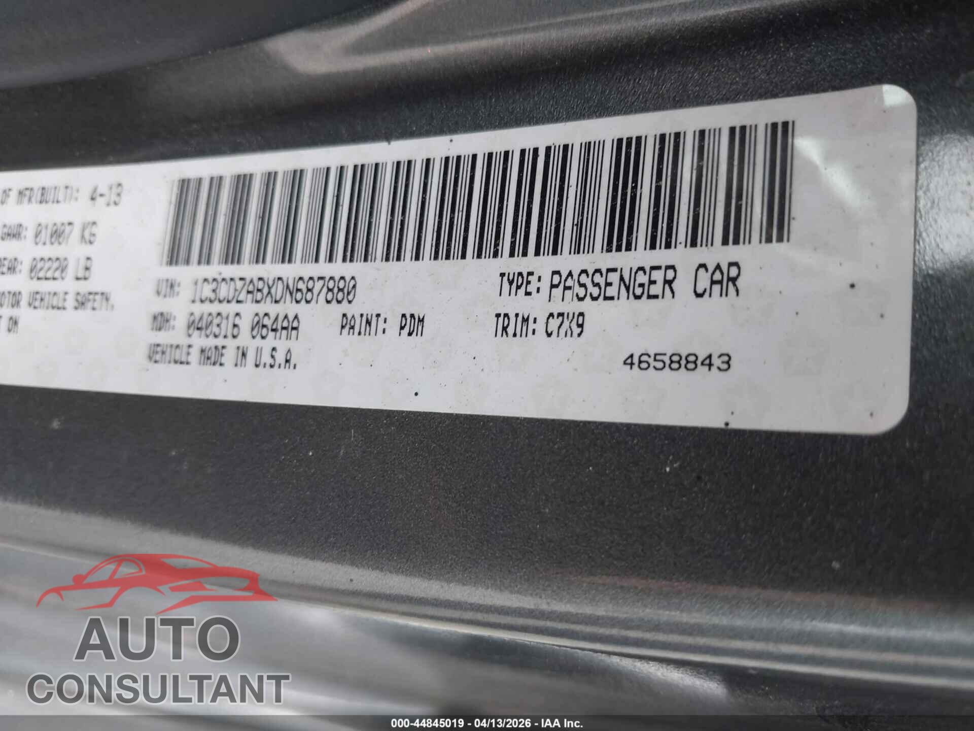 DODGE AVENGER 2013 - 1C3CDZABXDN687880