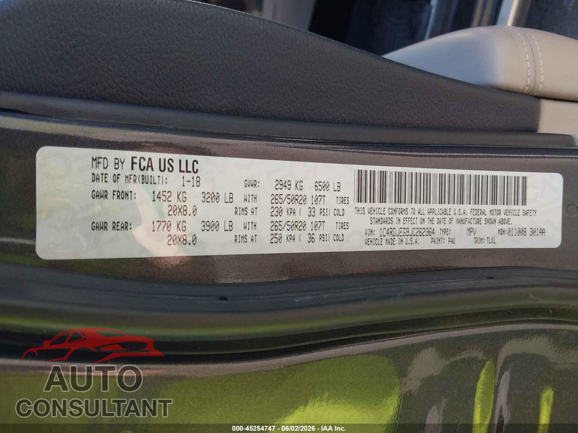 DODGE DURANGO 2018 - 1C4RDJEG9JC262364
