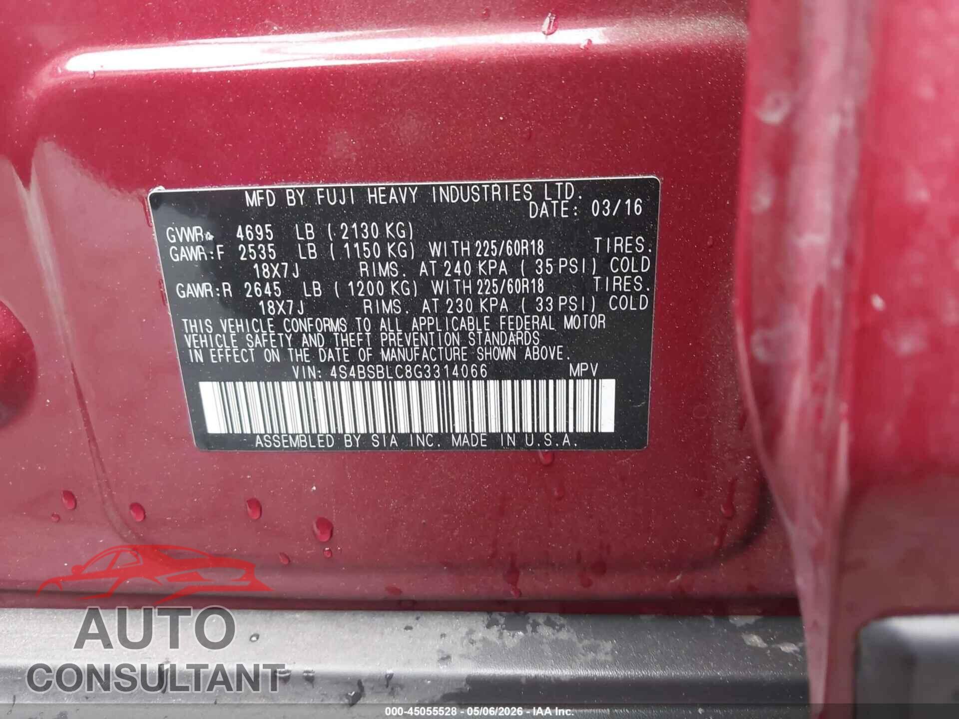 SUBARU OUTBACK 2016 - 4S4BSBLC8G3314066