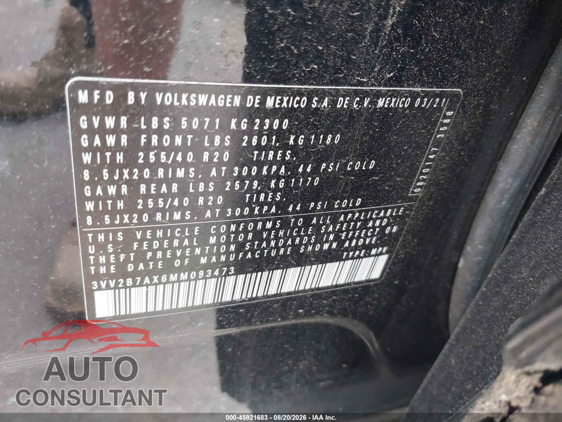 VOLKSWAGEN TIGUAN 2021 - 3VV2B7AX6MM093473