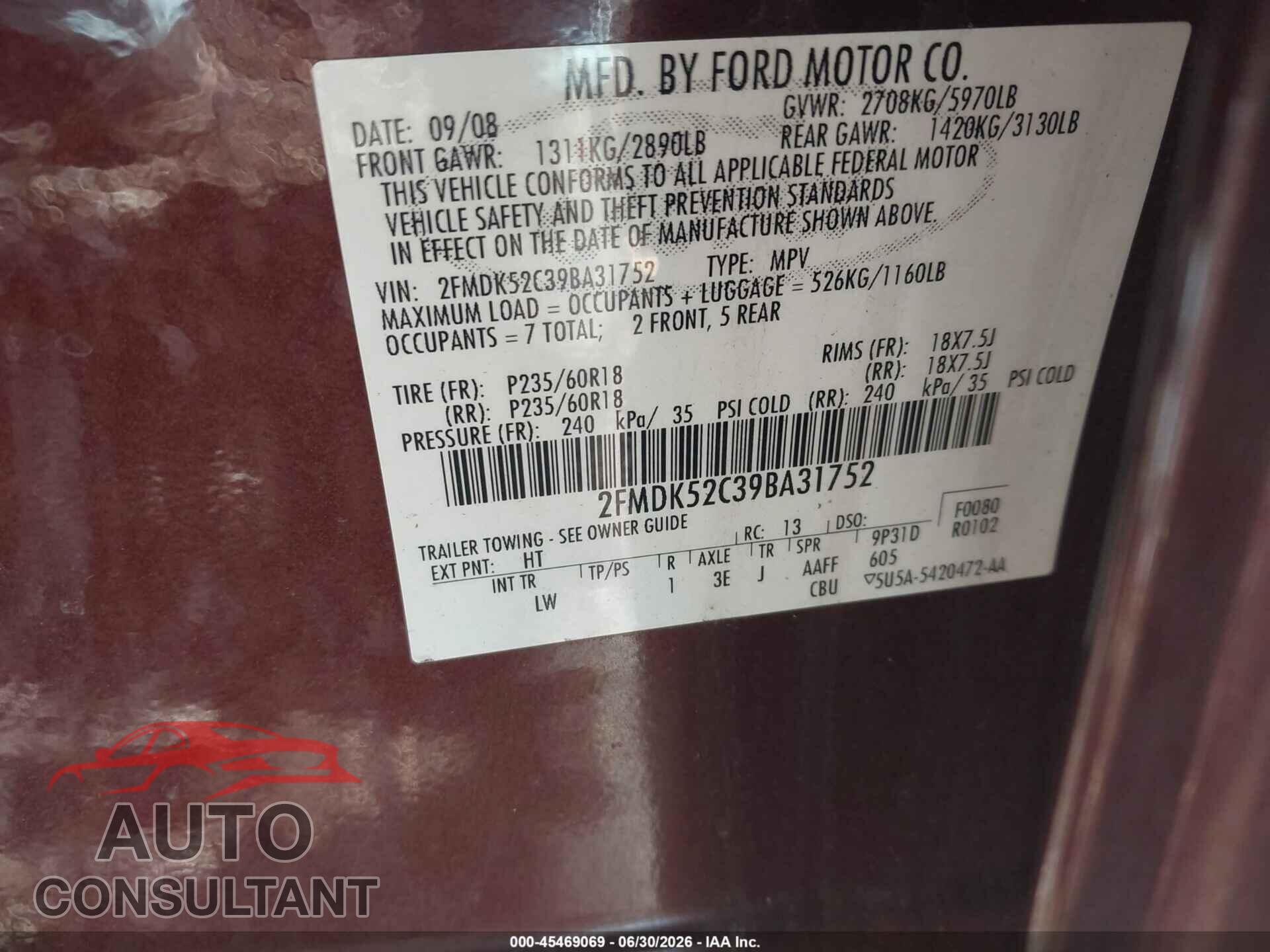 FORD FLEX 2009 - 2FMDK52C39BA31752
