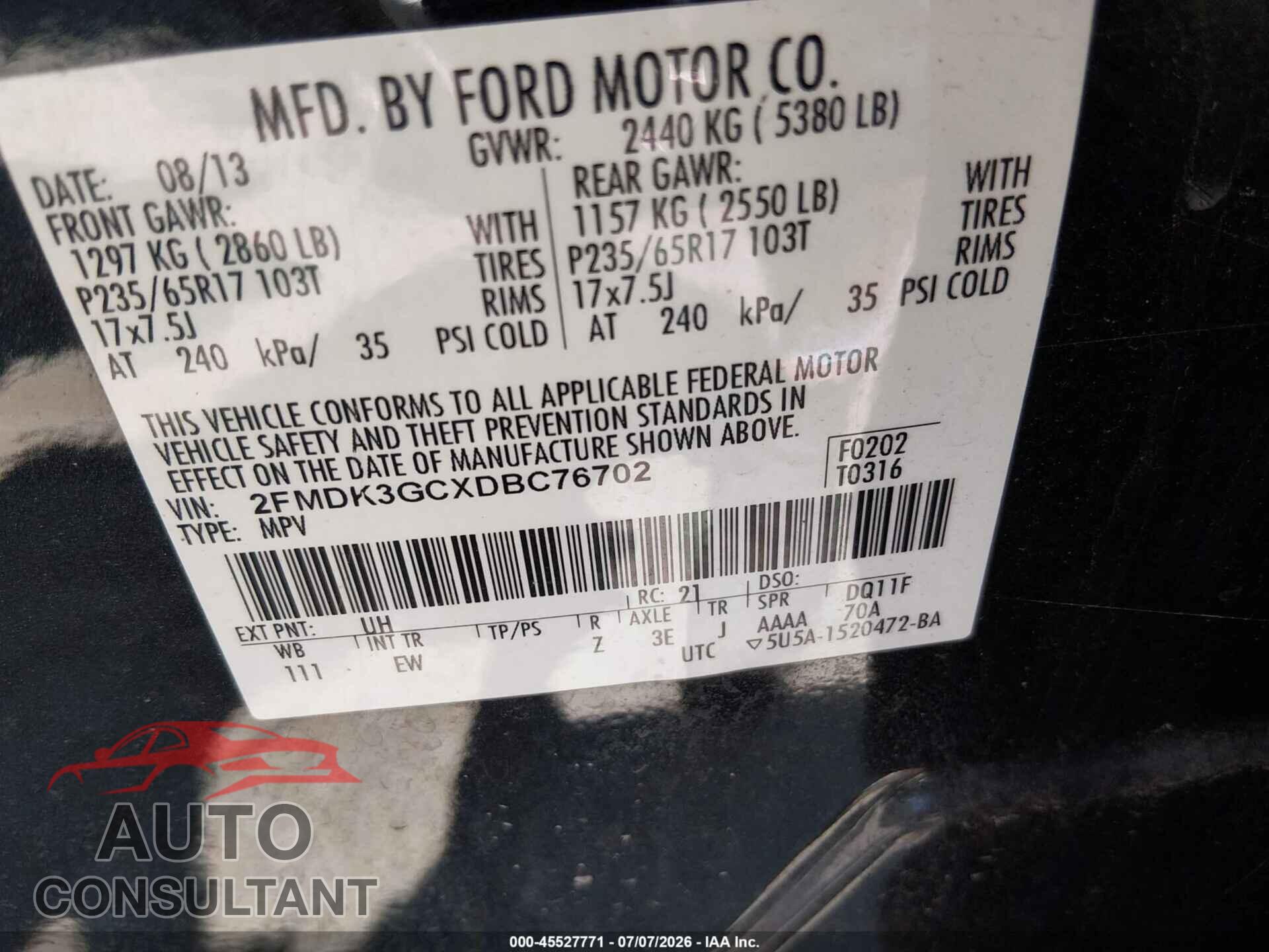 FORD EDGE 2013 - 2FMDK3GCXDBC76702