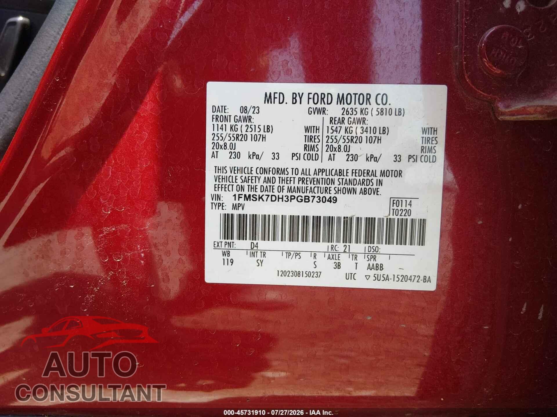 FORD EXPLORER 2023 - 1FMSK7DH3PGB73049