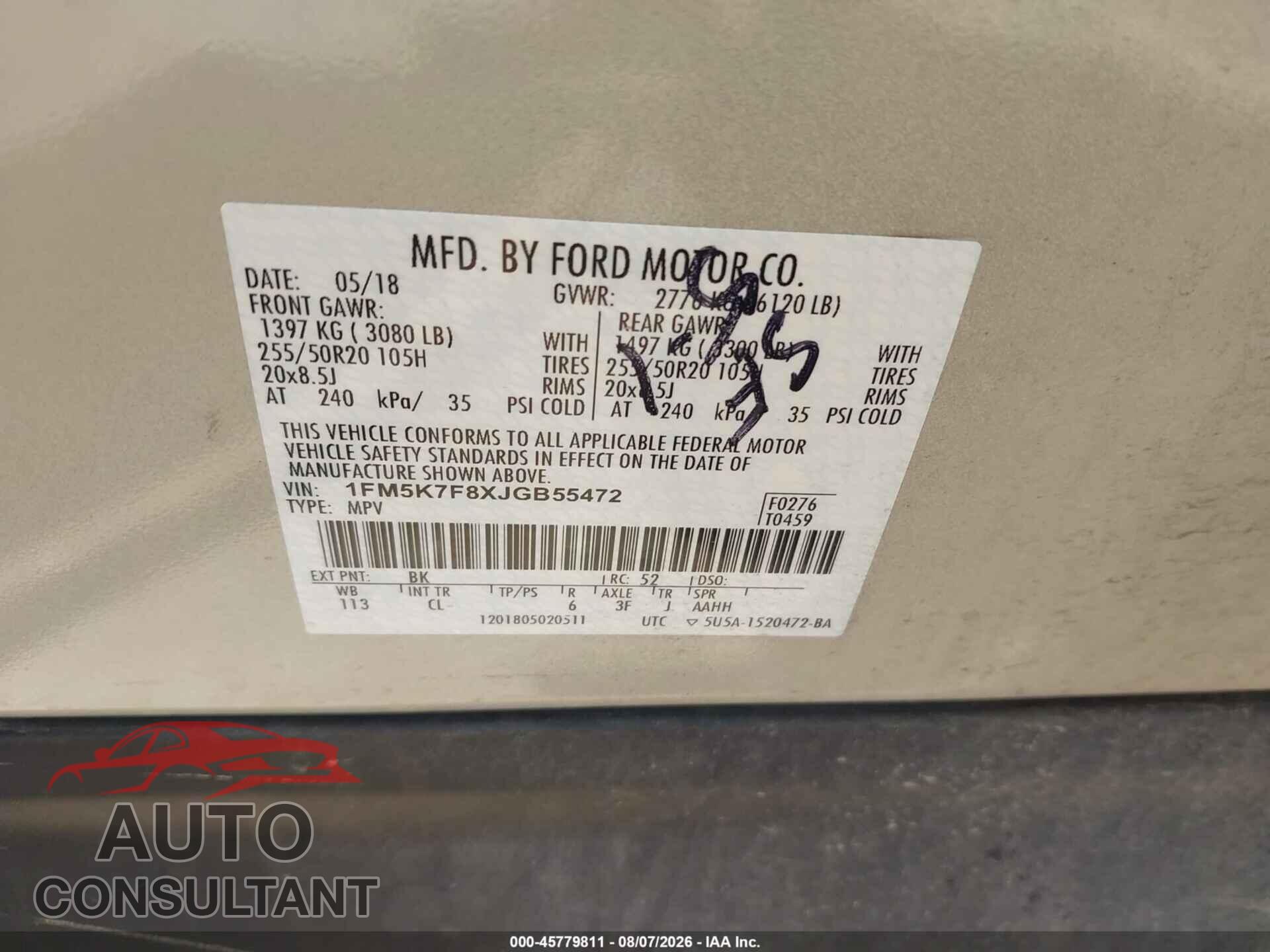FORD EXPLORER 2018 - 1FM5K7F8XJGB55472