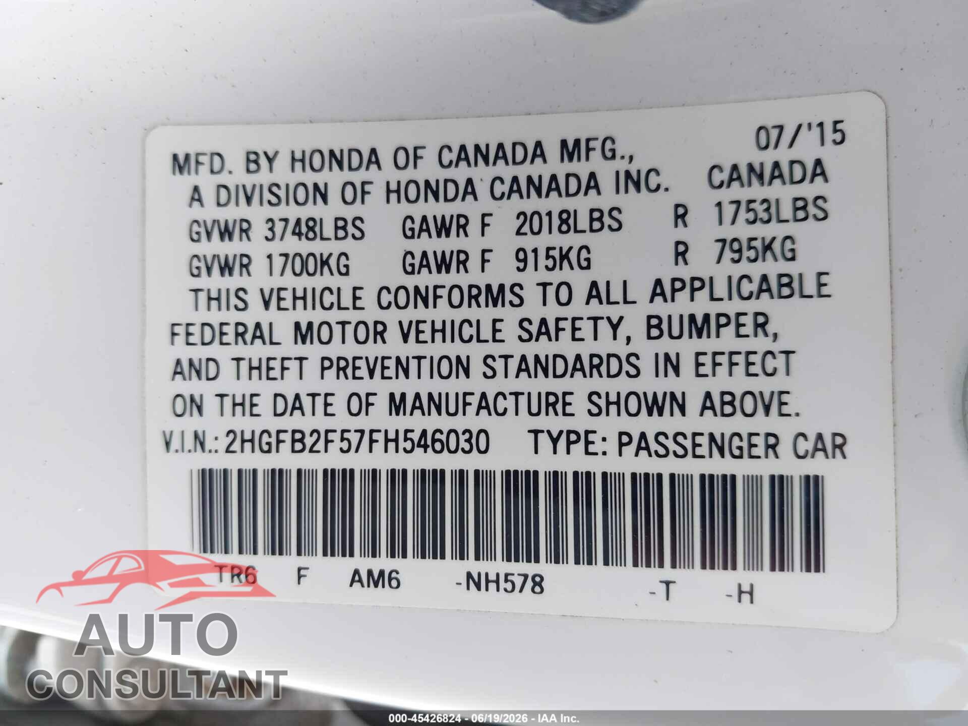 HONDA CIVIC 2015 - 2HGFB2F57FH546030