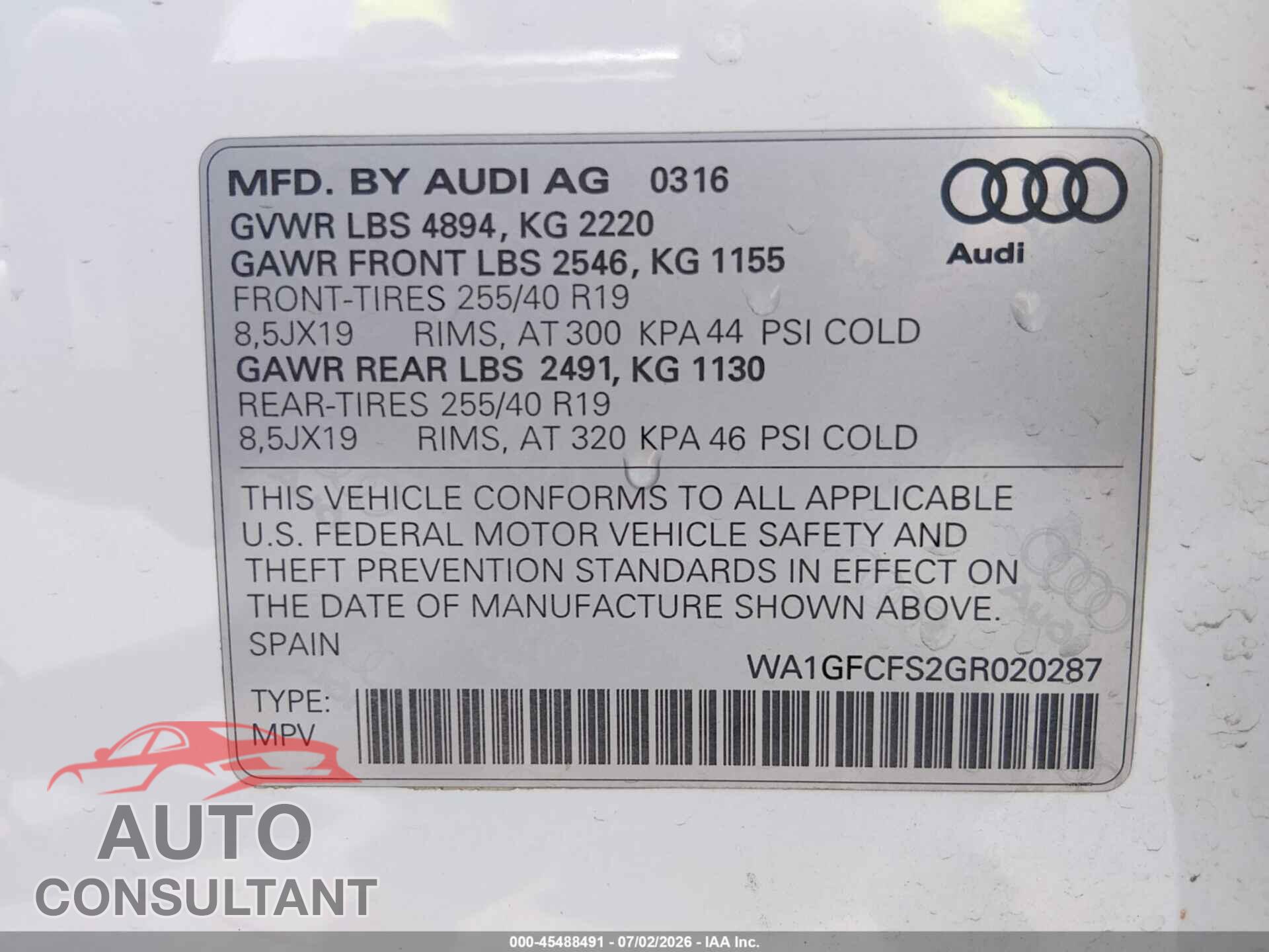 AUDI Q3 2016 - WA1GFCFS2GR020287