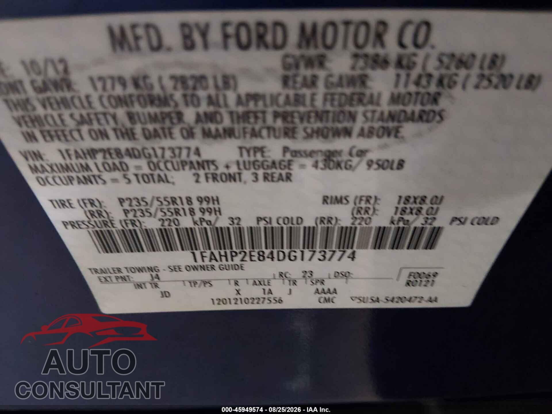 FORD TAURUS 2013 - 1FAHP2E84DG173774