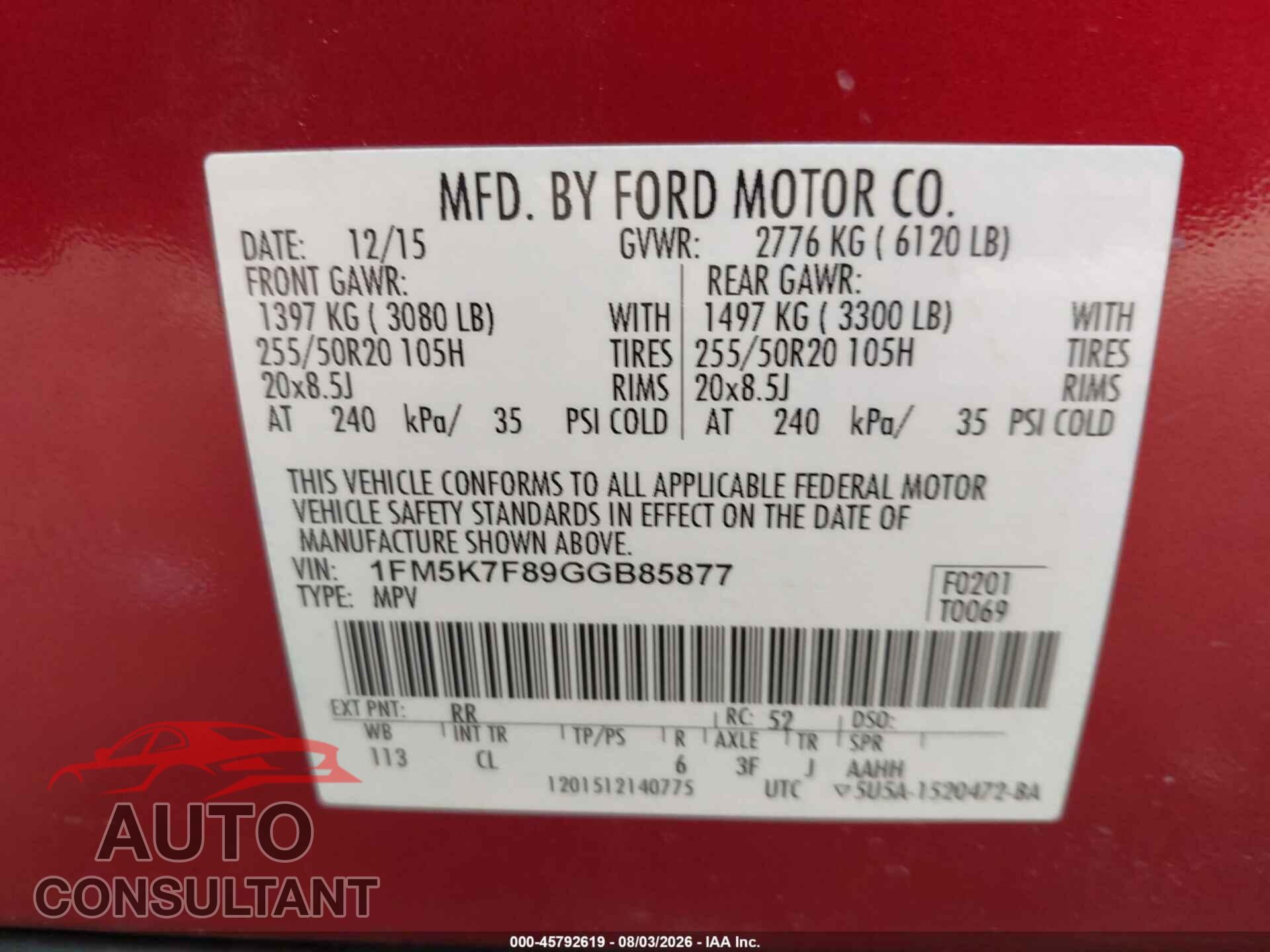FORD EXPLORER 2016 - 1FM5K7F89GGB85877