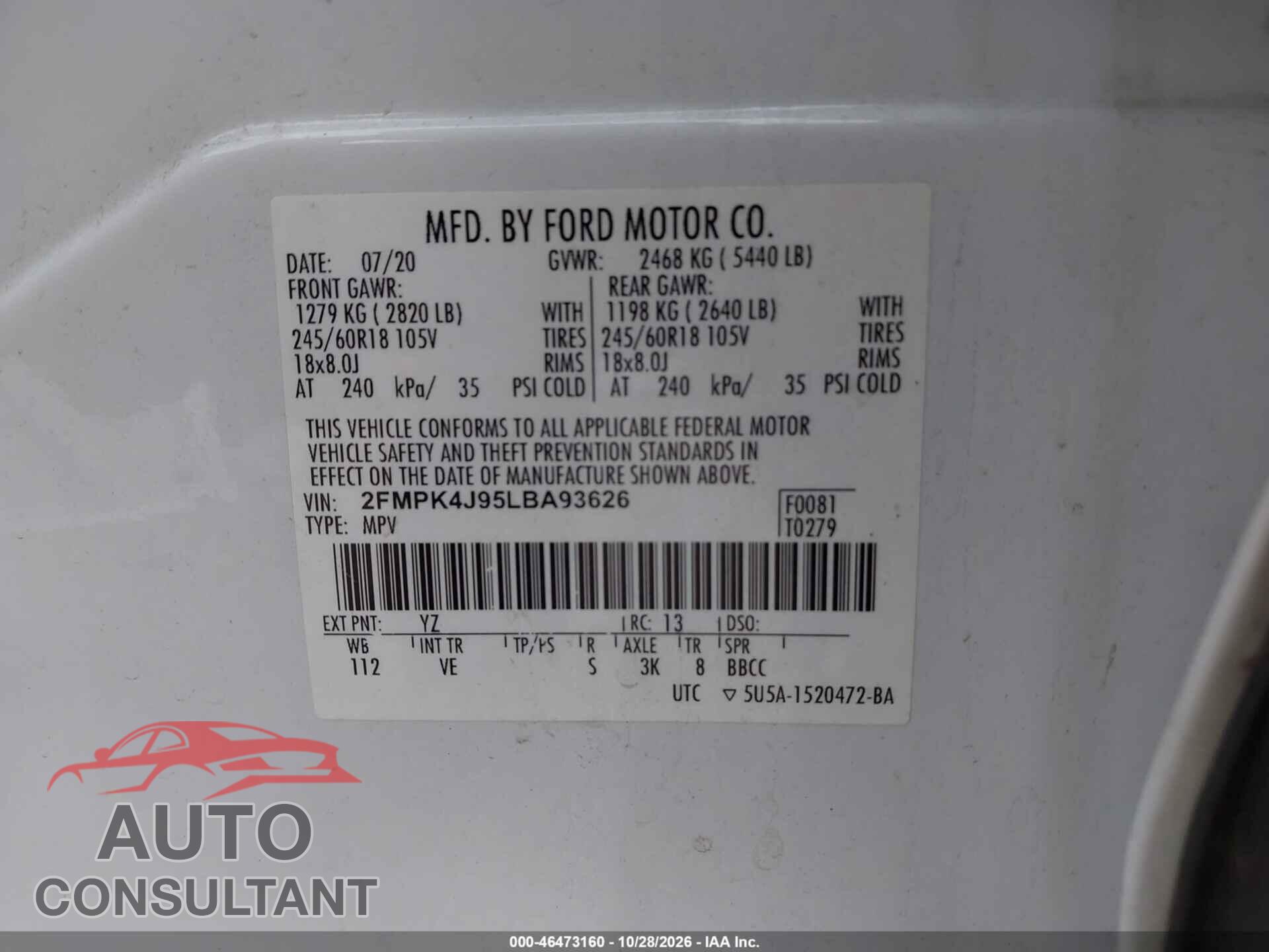 FORD EDGE 2020 - 2FMPK4J95LBA93626