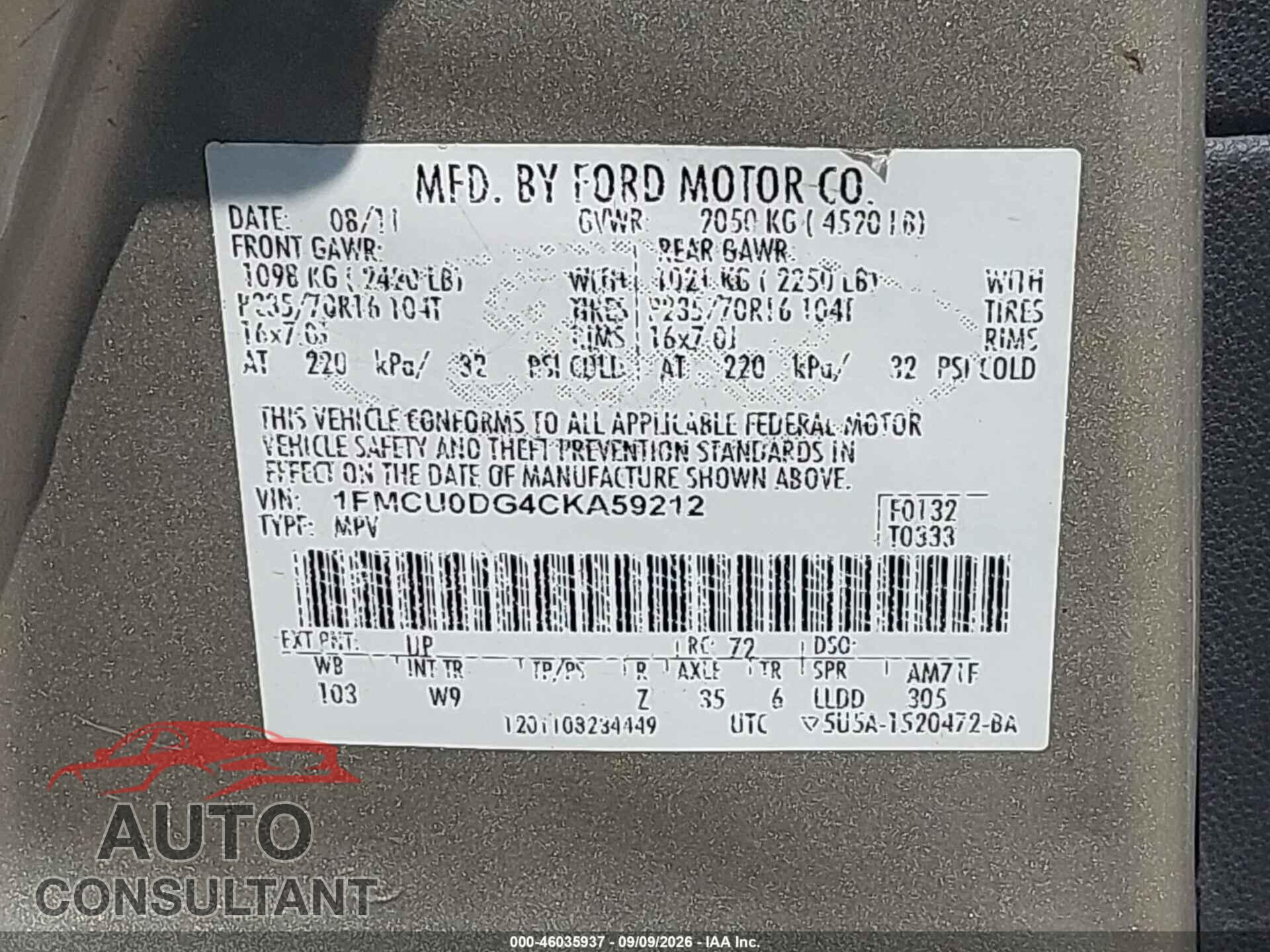 FORD ESCAPE 2012 - 1FMCU0DG4CKA59212