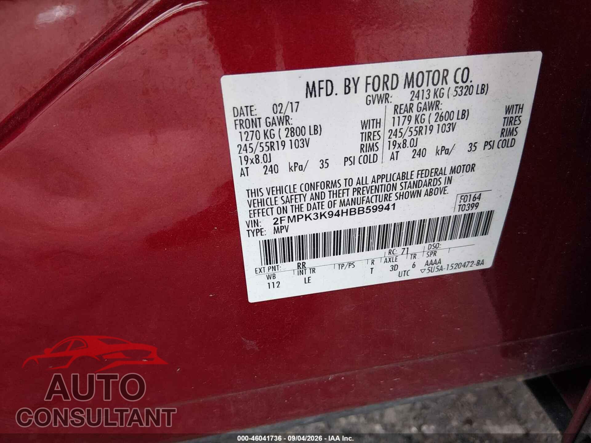 FORD EDGE 2017 - 2FMPK3K94HBB59941