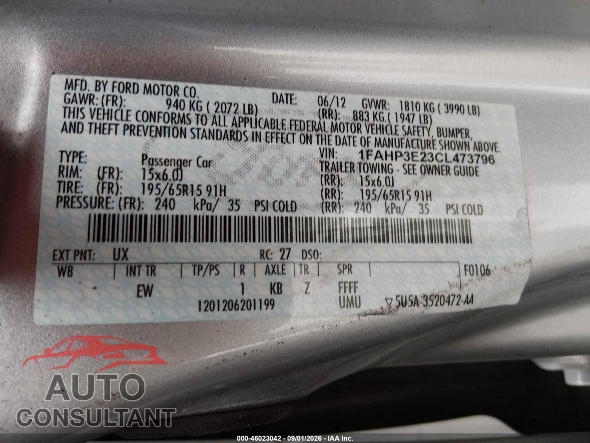 FORD FOCUS 2012 - 1FAHP3E23CL473796
