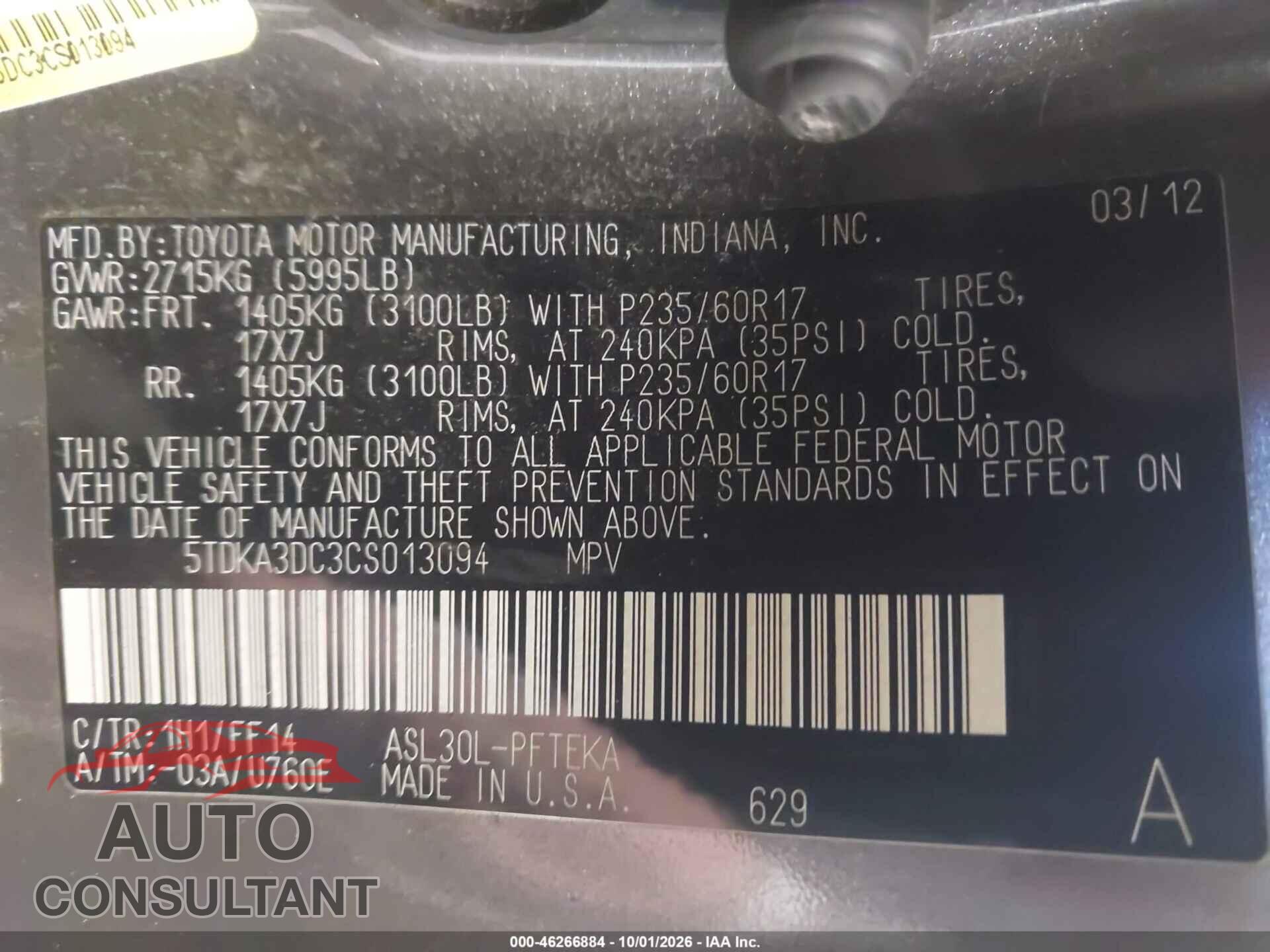 TOYOTA SIENNA 2012 - 5TDKA3DC3CS013094