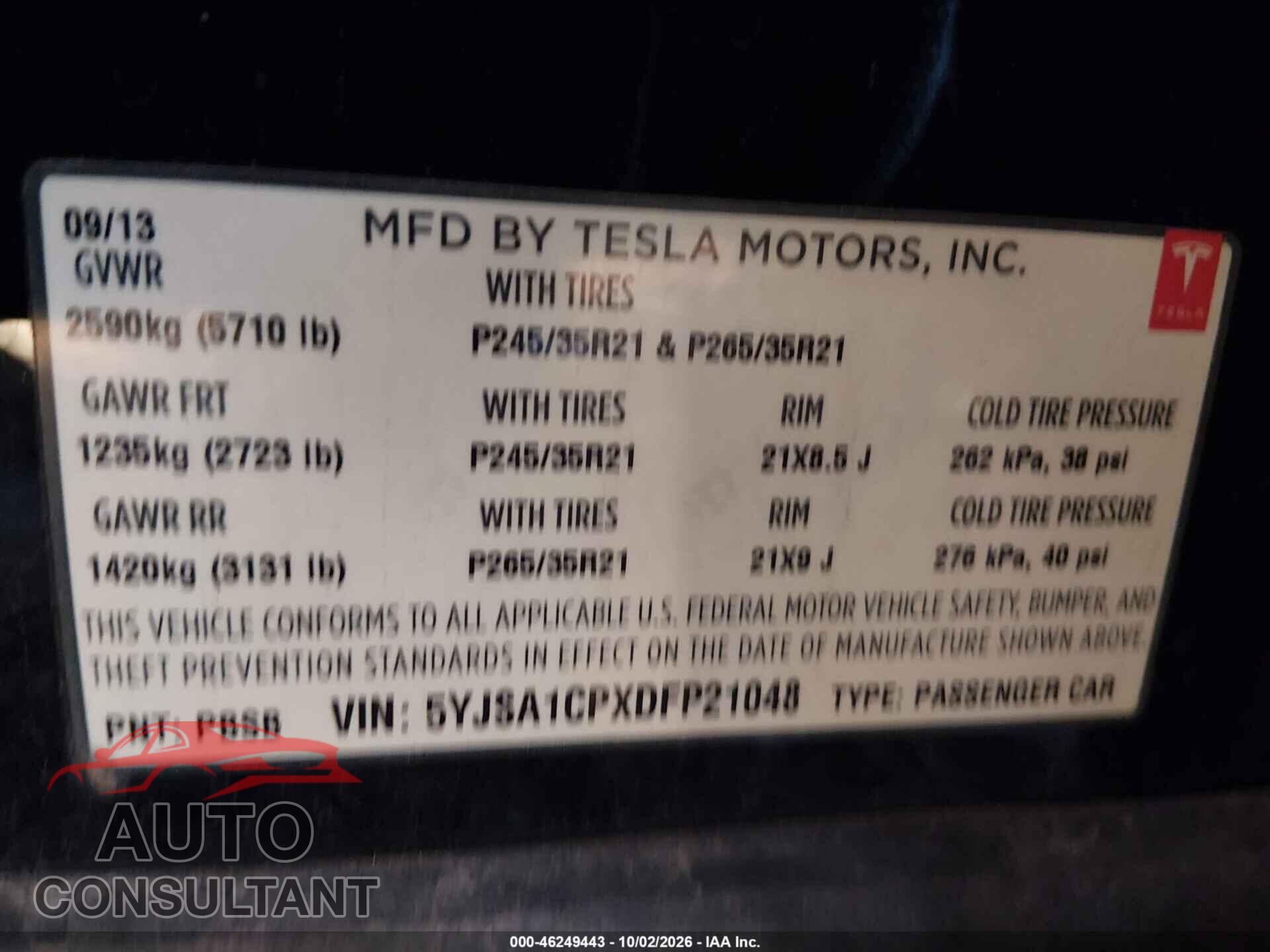 TESLA MODEL S 2013 - 5YJSA1CPXDFP21048