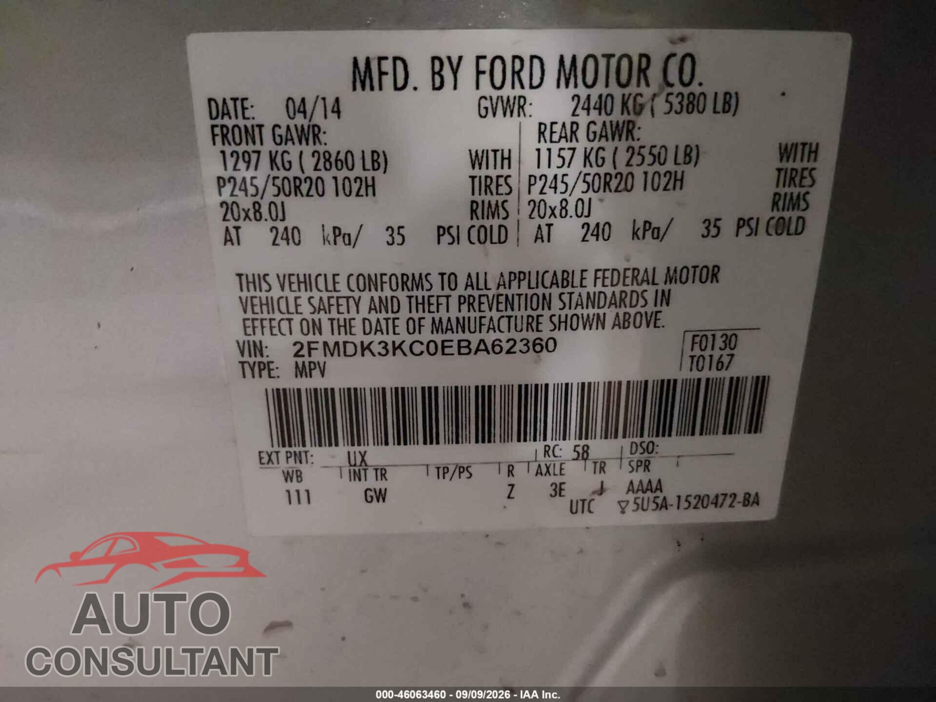 FORD EDGE 2014 - 2FMDK3KC0EBA62360