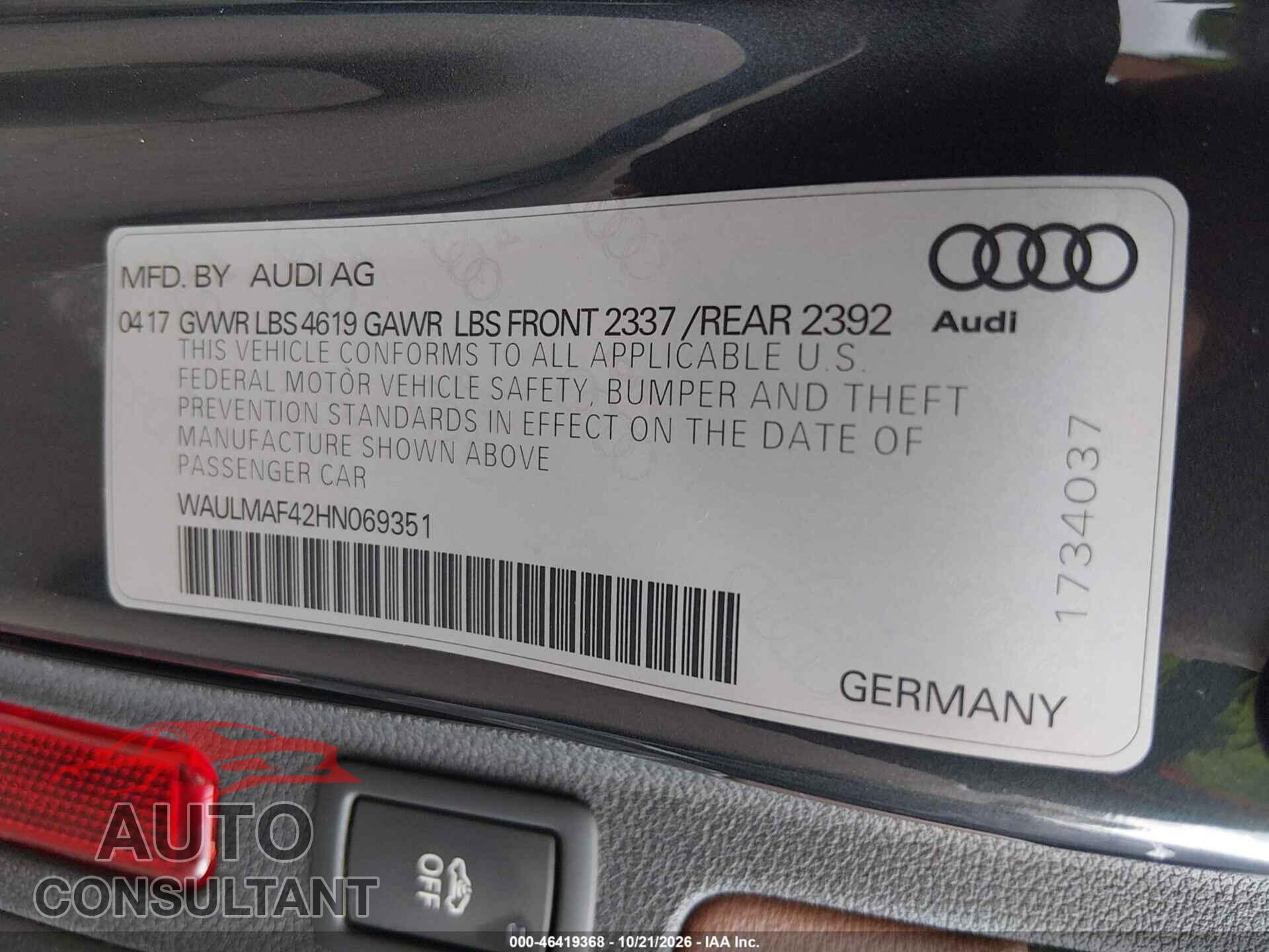 AUDI A4 2017 - WAULMAF42HN069351